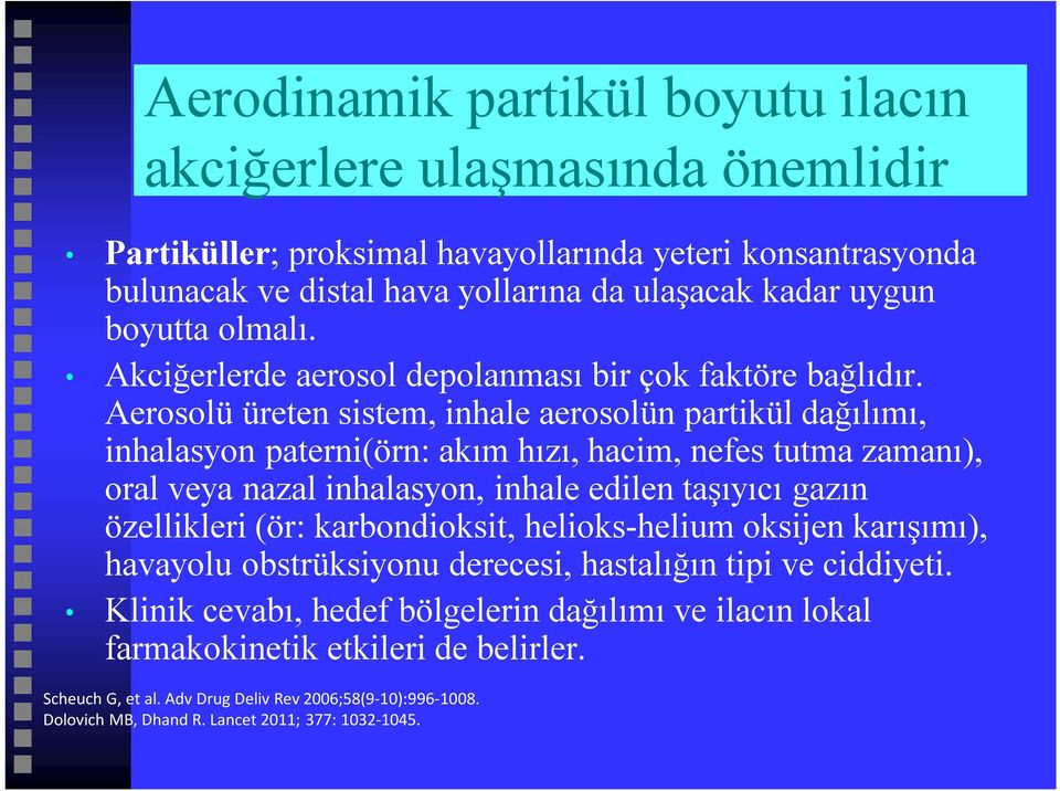 Aerosolü üreten sistem, inhale aerosolün partikül dağılımı, inhalasyon paterni(örn: akım hızı, hacim, nefes tutma zamanı), oral veya nazal inhalasyon, inhale edilen taşıyıcı gazın özellikleri