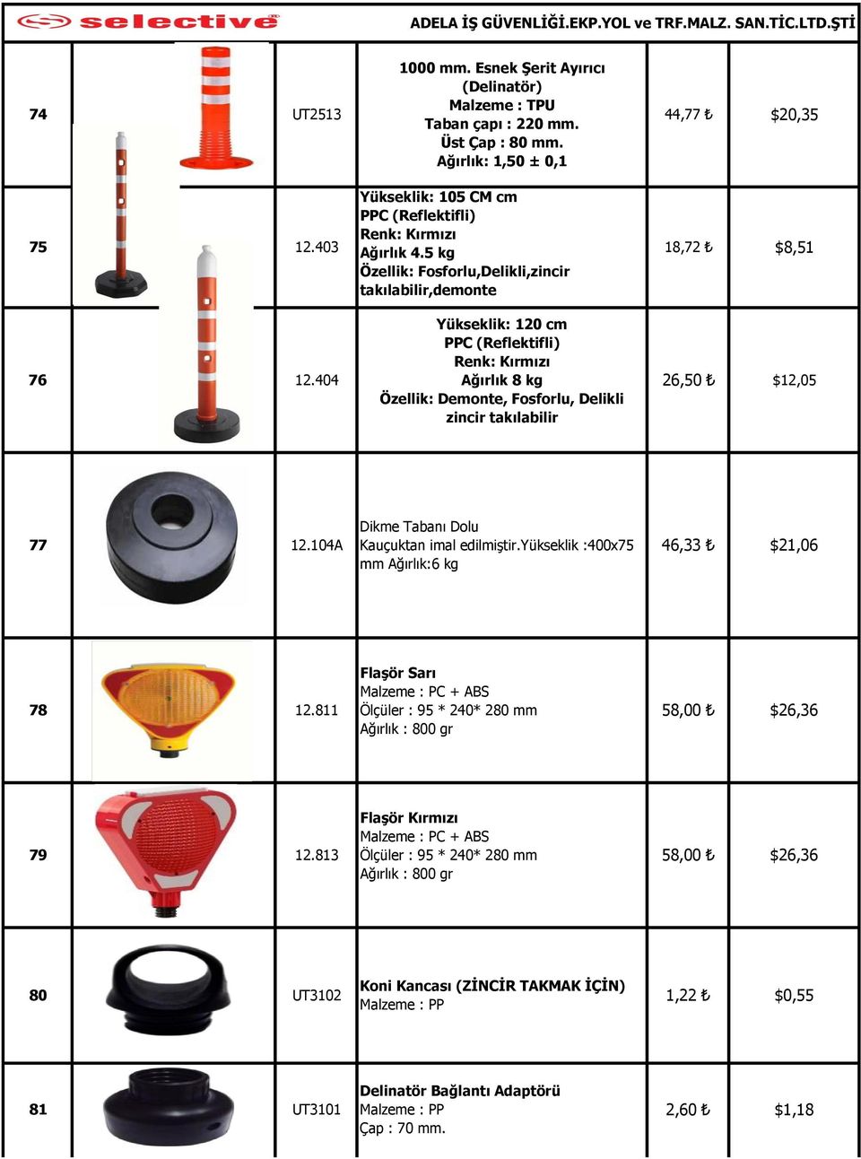 404 Yükseklik: 120 cm PPC (Reflektifli) Renk: Kırmızı Ağırlık 8 kg Özellik: Demonte, Fosforlu, Delikli zincir takılabilir 26,50 $12,05 77 12.104A Dikme Tabanı Dolu Kauçuktan imal edilmiştir.