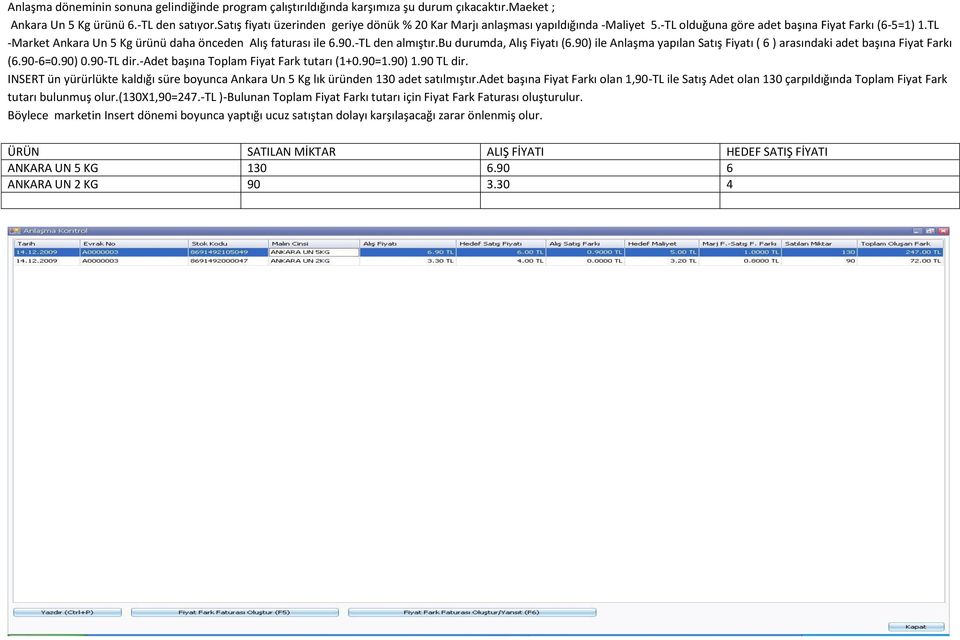 TL -Market Ankara Un 5 Kg ürünü daha önceden Alış faturası ile 6.90.-TL den almıştır.bu durumda, Alış Fiyatı (6.90) ile Anlaşma yapılan Satış Fiyatı ( 6 ) arasındaki adet başına Fiyat Farkı (6.90-6=0.