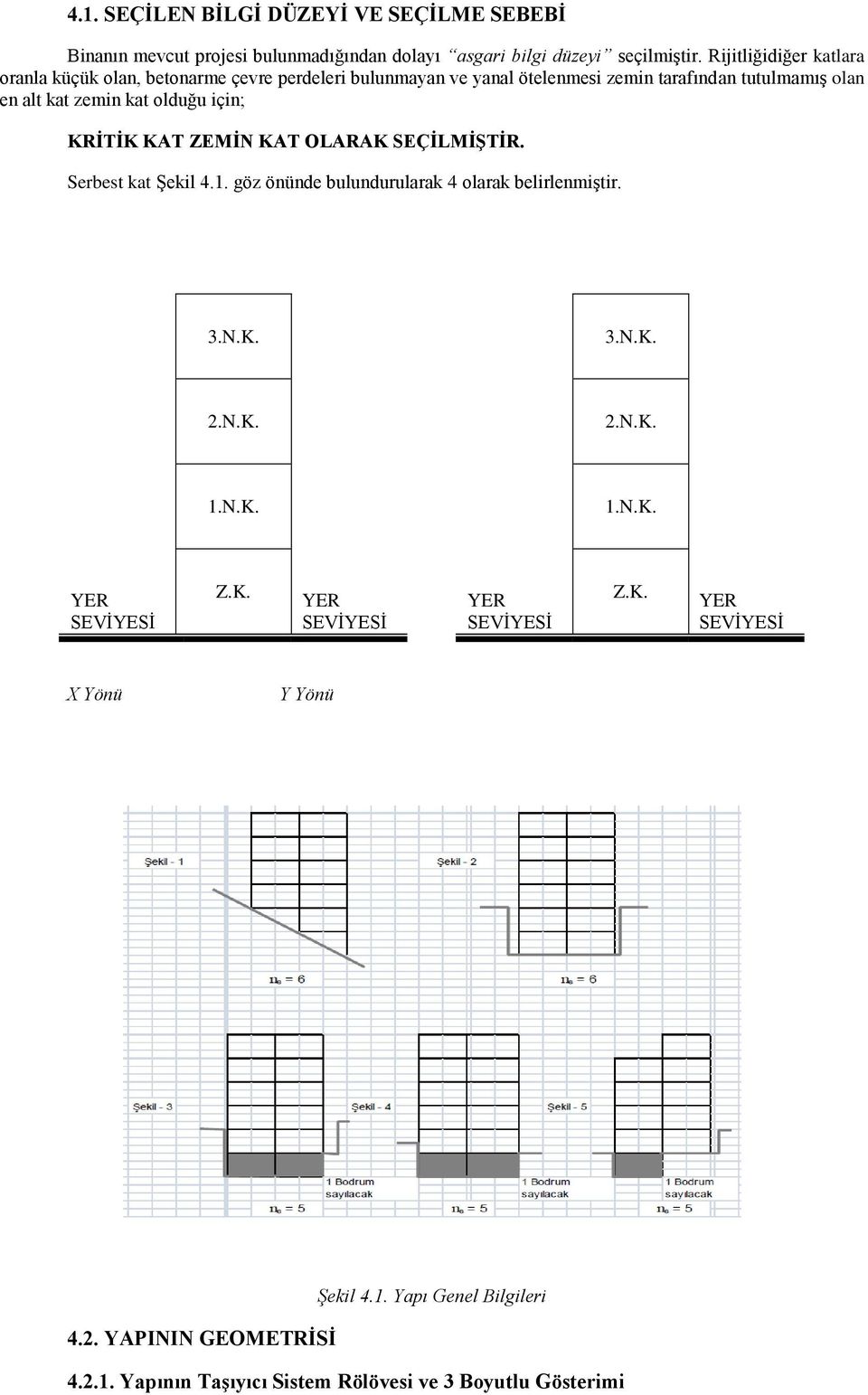 için; KRĠTĠK KAT ZEMĠN KAT OLARAK SEÇĠLMĠġTĠR. Serbest kat Şekil 4.1. göz önünde bulundurularak 4 olarak belirlenmiştir. 3.N.K. 3.N.K. 2.N.K. 2.N.K. 1.N.K. 1.N.K. YER SEVİYESİ Z.