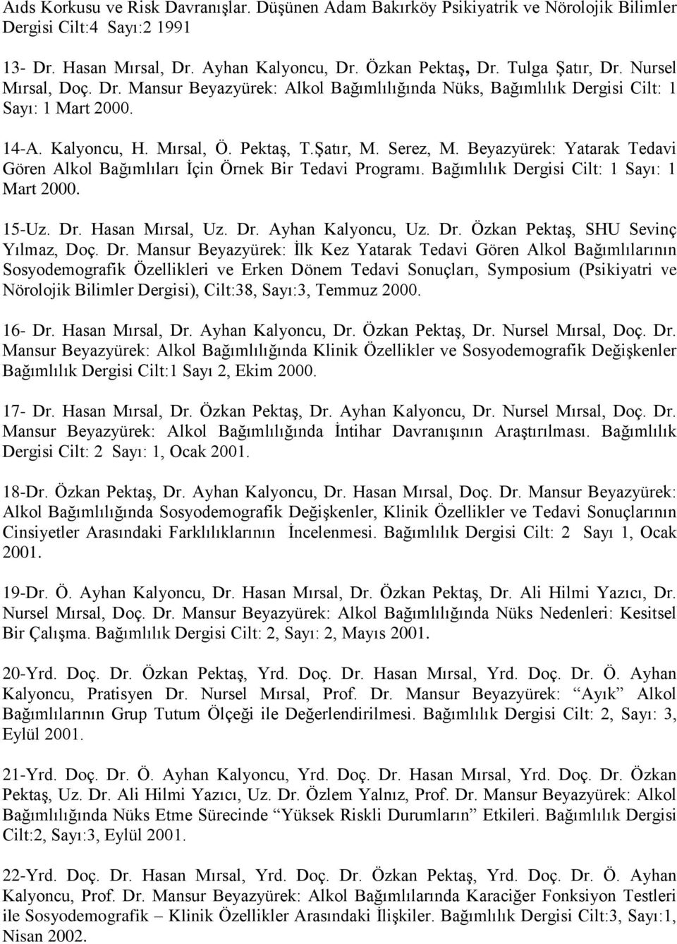 Beyazyürek: Yatarak Tedavi Gören Alkol Bağımlıları İçin Örnek Bir Tedavi Programı. Bağımlılık Dergisi Cilt: 1 Sayı: 1 Mart 2000. 15-Uz. Dr. Hasan Mırsal, Uz. Dr. Ayhan Kalyoncu, Uz. Dr. Özkan Pektaş, SHU Sevinç Yılmaz, Doç.