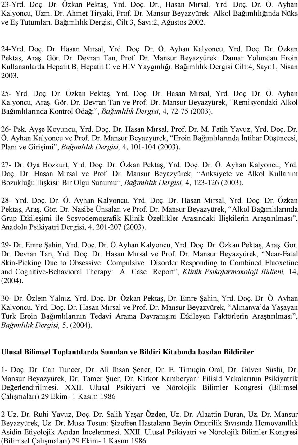 Bağımlılık Dergisi Cilt:4, Sayı:1, Nisan 2003. 25- Yrd. Doç. Dr. Özkan Pektaş, Yrd. Doç. Dr. Hasan Mırsal, Yrd. Doç. Dr. Ö. Ayhan Kalyoncu, Araş. Gör. Dr. Devran Tan ve Prof. Dr. Mansur Beyazyürek, Remisyondaki Alkol Bağımlılarında Kontrol Odağı, Bağımlılık Dergisi, 4, 72-75 (2003).