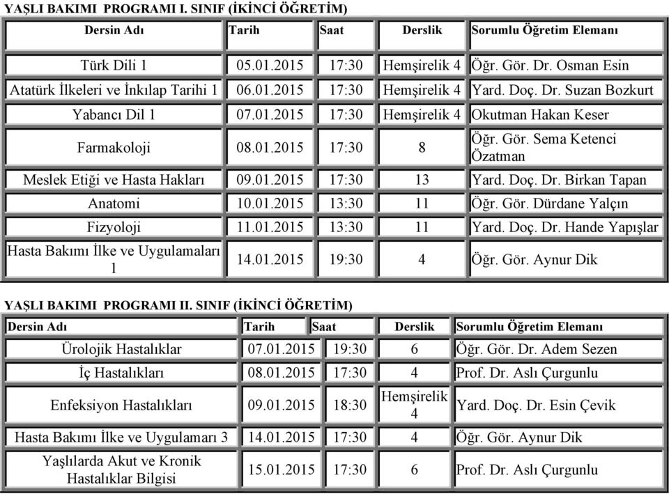 Gör. Dürdane Yalçın Fizyoloji 11.01.2015 13:30 11 Yard. Doç. Dr. Hande Yapışlar Hasta Bakımı İlke ve Uygulamaları 1 YAŞLI BAKIMI PROGRAMI II. SINIF (İKİNCİ ÖĞRETİM) 1.01.2015 19:30 Öğr. Gör.