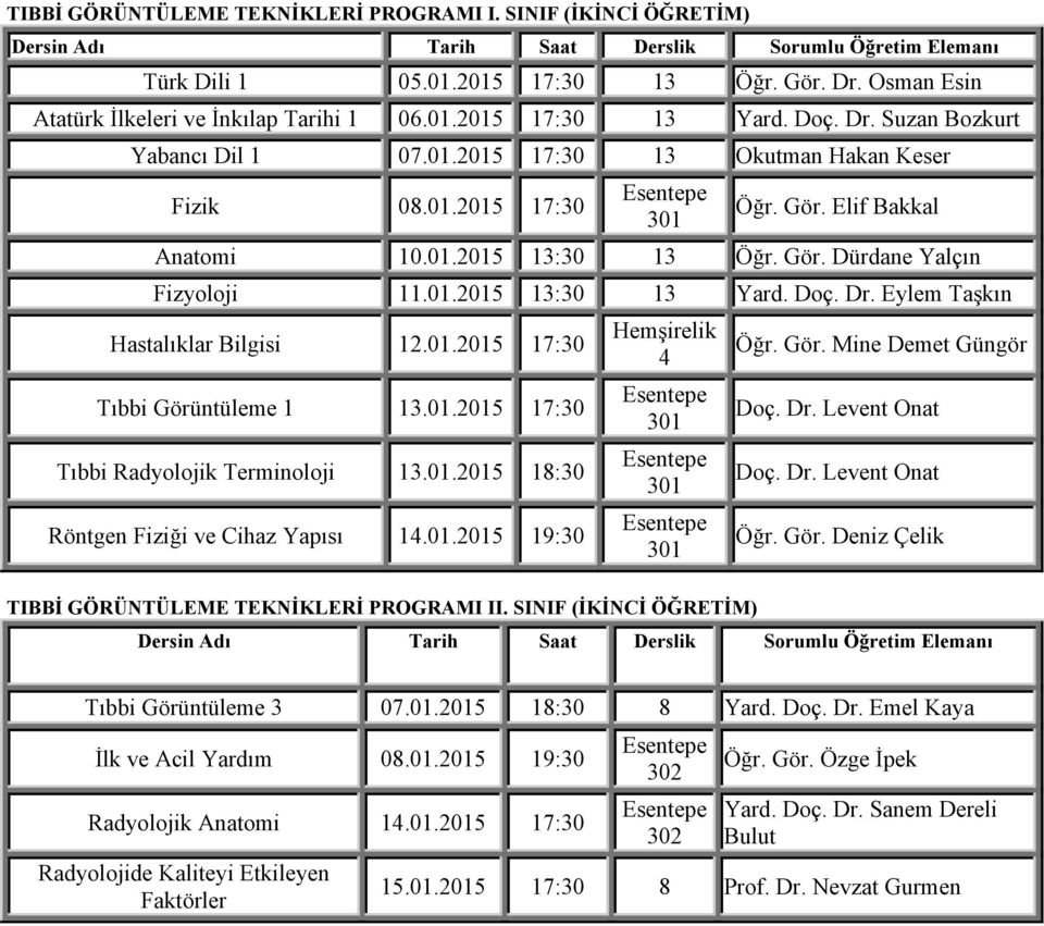 Eylem Taşkın Hastalıklar Bilgisi 12.01.2015 17:30 Tıbbi Görüntüleme 1 13.01.2015 17:30 Tıbbi Radyolojik Terminoloji 13.01.2015 18:30 Röntgen Fiziği ve Cihaz Yapısı 1.01.2015 19:30 301 301 301 TIBBİ GÖRÜNTÜLEME TEKNİKLERİ PROGRAMI II.