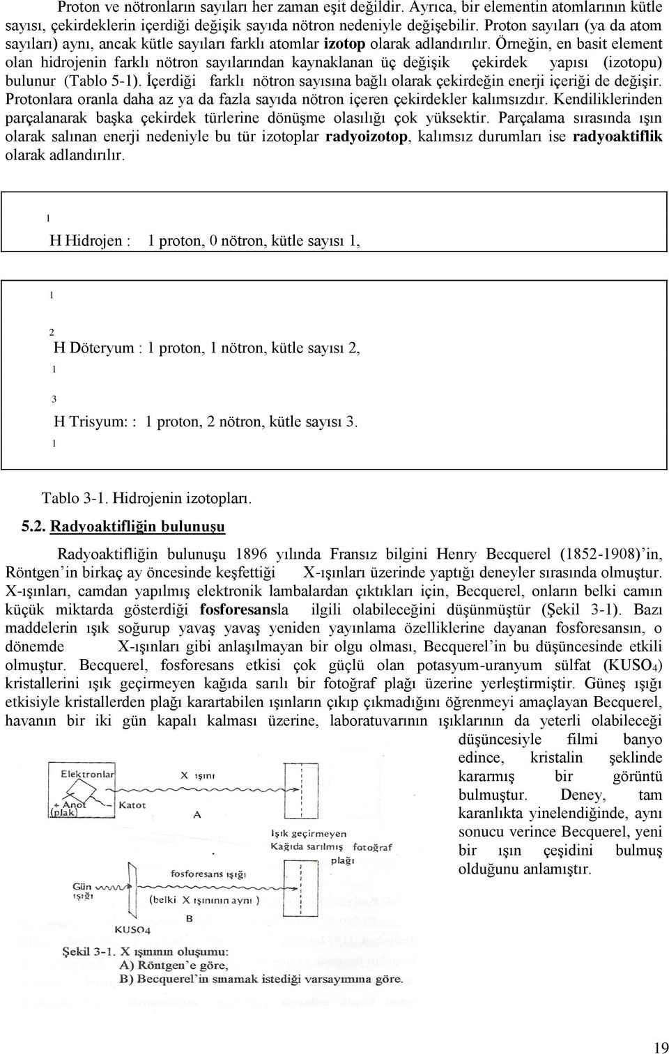 Örneğin, en basit element olan hidrojenin farklı nötron sayılarından kaynaklanan üç değişik çekirdek yapısı (izotopu) bulunur (Tablo 5-1).