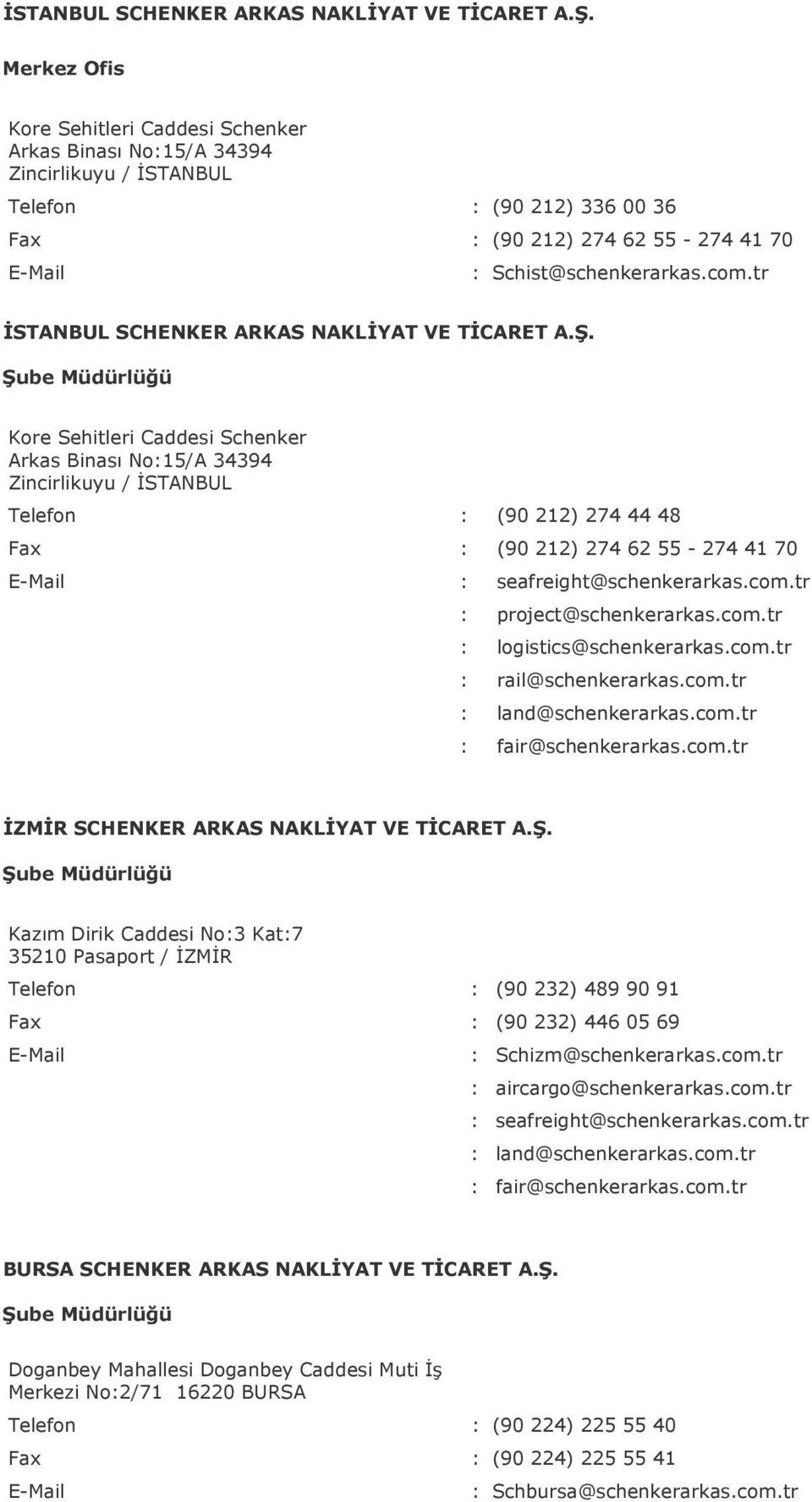 tr  Kore Sehitleri Caddesi Schenker Arkas Binası No:15/A 34394 Zincirlikuyu / İSTANBUL Telefon : (90 212) 274 44 48 Fax : (90 212) 274 62 55-274 41 70 : seafreight@schenkerarkas.com.