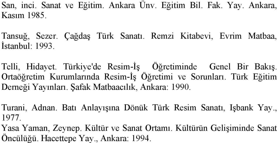 Ortaöğretim Kurumlarında Resim-İş Öğretimi ve Sorunları. Türk Eğitim Derneği Yayınları. Şafak Matbaacılık, Ankara: 1990.