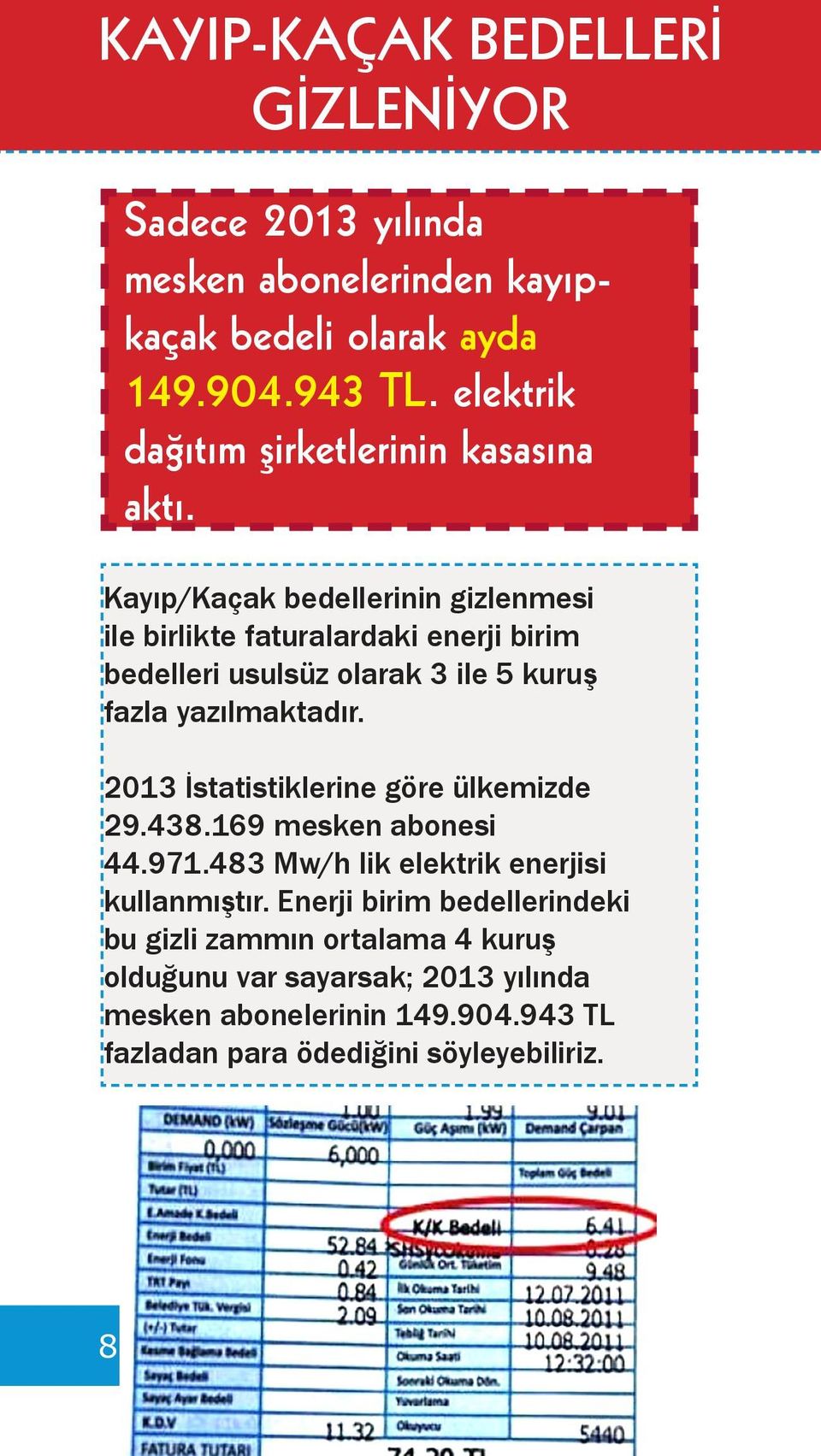 Kayıp/Kaçak bedellerinin gizlenmesi ile birlikte faturalardaki enerji birim bedelleri usulsüz olarak 3 ile 5 kuruş fazla yazılmaktadır.