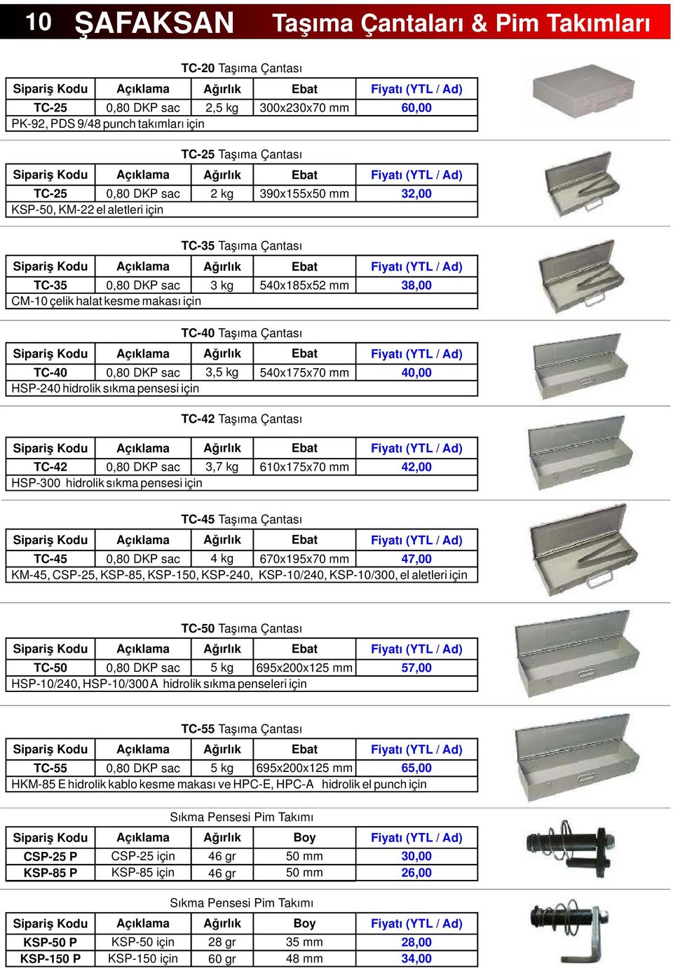 Taşıma Çantası çıklama ğırlık Ebat TC-40 0,80 DKP sac 3,5 kg 540x175x70 mm HSP-40 hidrolik sıkma pensesi için () 38,00 () 40,00 TC-4 Taşıma Çantası çıklama ğırlık Ebat TC-4 0,80 DKP sac 3,7 kg