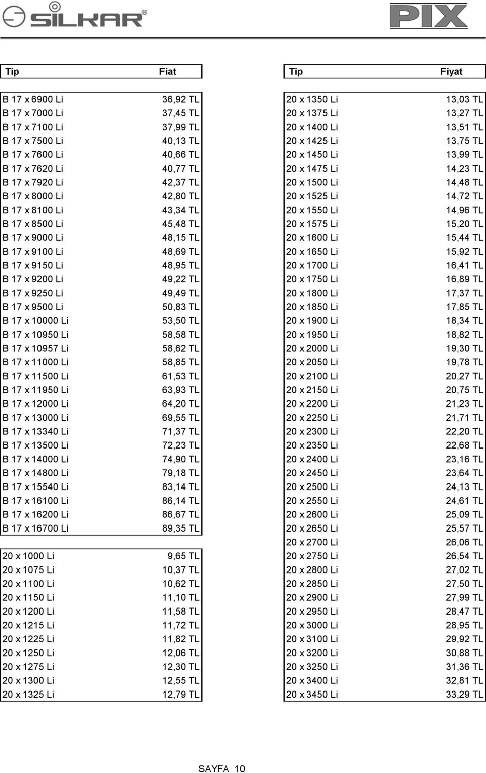 1550 Li 14,96 TL B 17 x 8500 Li 45,48 TL 20 x 1575 Li 15,20 TL B 17 x 9000 Li 48,15 TL 20 x 1600 Li 15,44 TL B 17 x 9100 Li 48,69 TL 20 x 1650 Li 15,92 TL B 17 x 9150 Li 48,95 TL 20 x 1700 Li 16,41