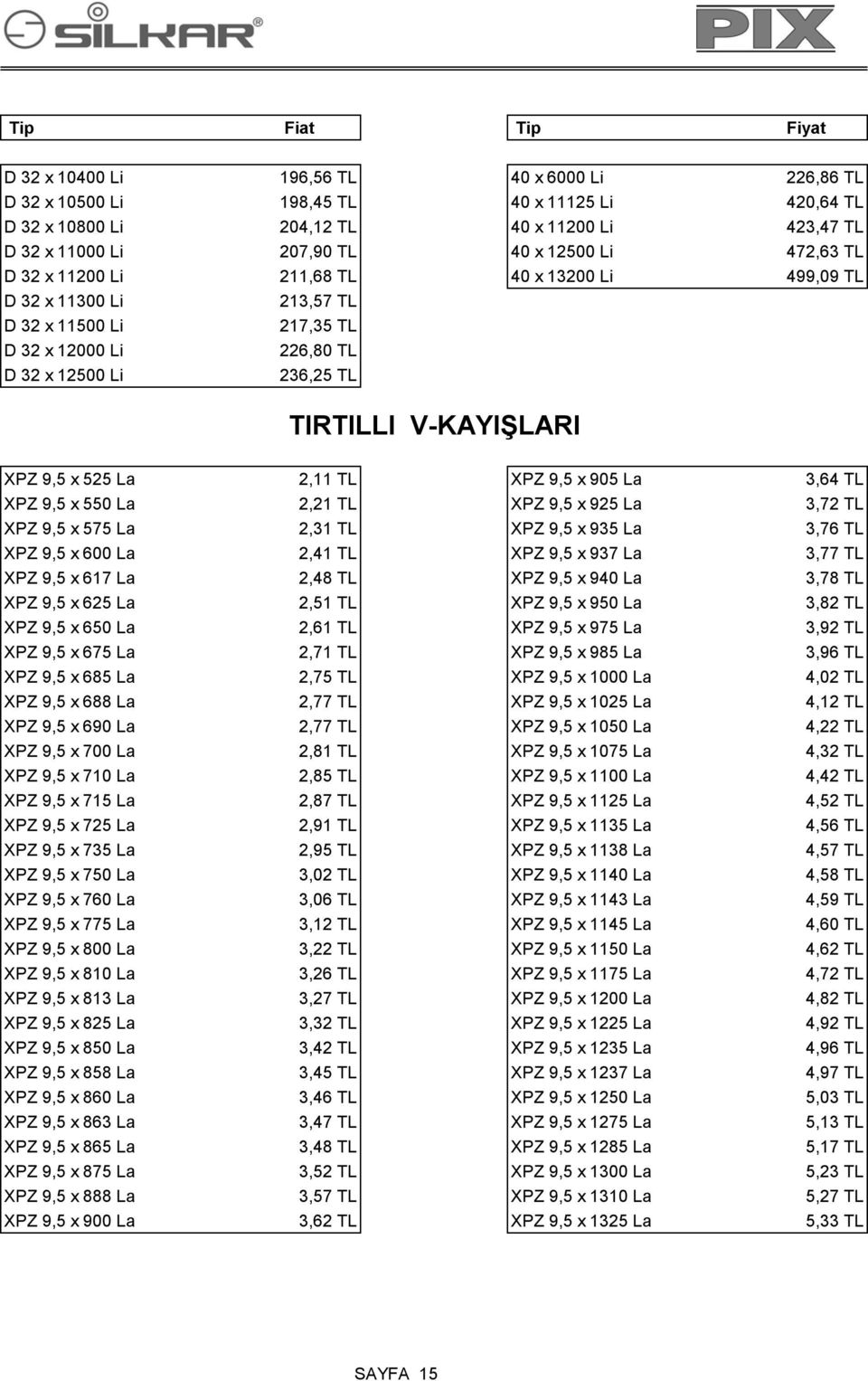 XPZ 9,5 x 905 La 3,64 TL XPZ 9,5 x 550 La 2,21 TL XPZ 9,5 x 925 La 3,72 TL XPZ 9,5 x 575 La 2,31 TL XPZ 9,5 x 935 La 3,76 TL XPZ 9,5 x 600 La 2,41 TL XPZ 9,5 x 937 La 3,77 TL XPZ 9,5 x 617 La 2,48 TL