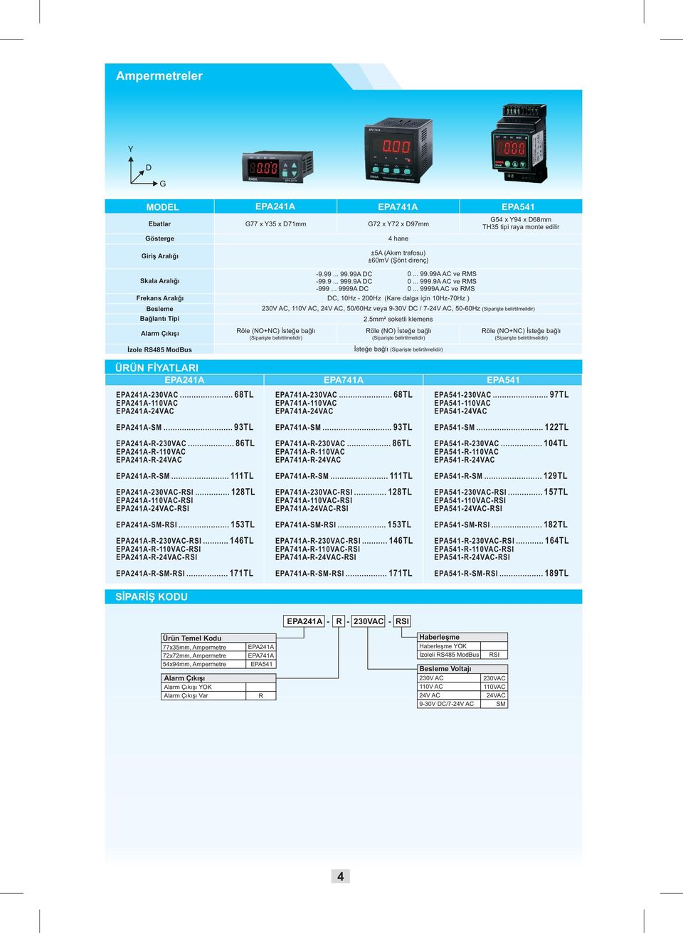 .. 999.9A AC ve RMS 0... 9999A AC ve RMS,,, 50/60Hz veya 9-30V C / 7-, 50-60Hz Röle (NO+NC) İsteğe bağlı 2.