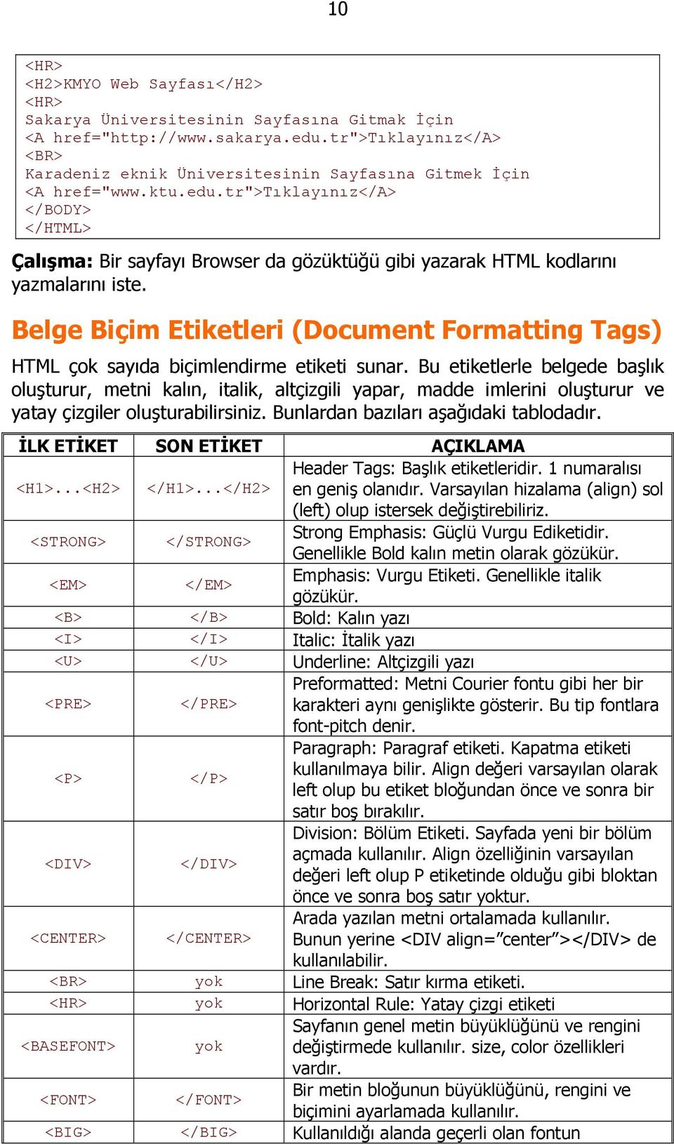 tr">tıklayınız</a> Çalışma: Bir sayfayı Browser da gözüktüğü gibi yazarak HTML kodlarını yazmalarını iste.