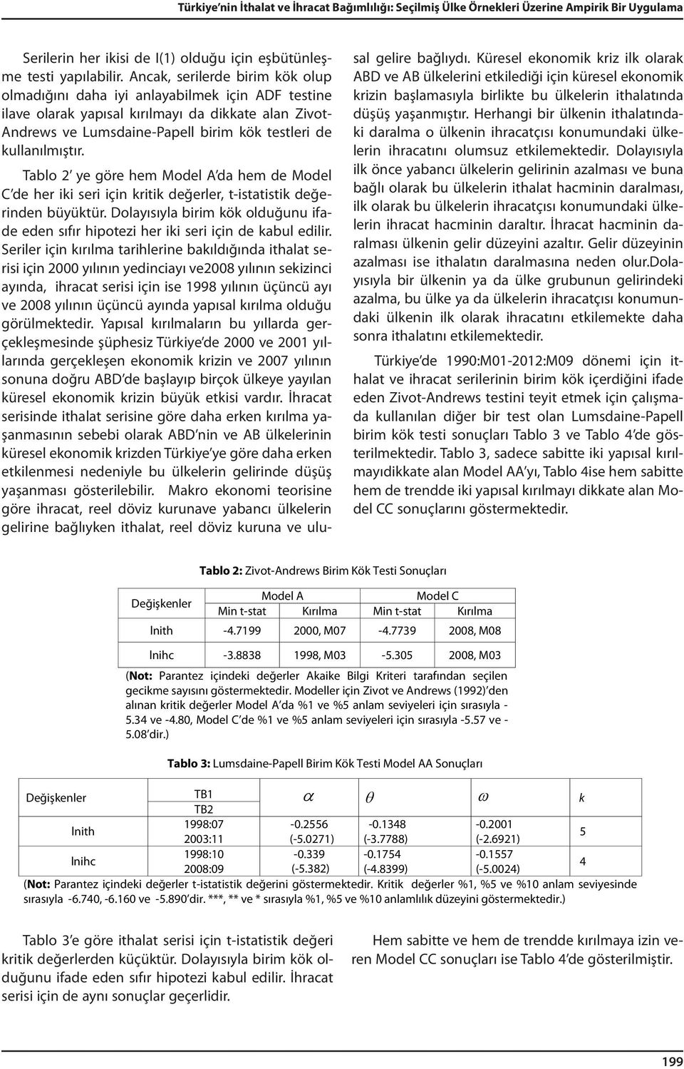 Tablo 2 ye göre hem Model A da hem de Model C de her iki seri için kriik değerler, -isaisik değerinden büyükür.