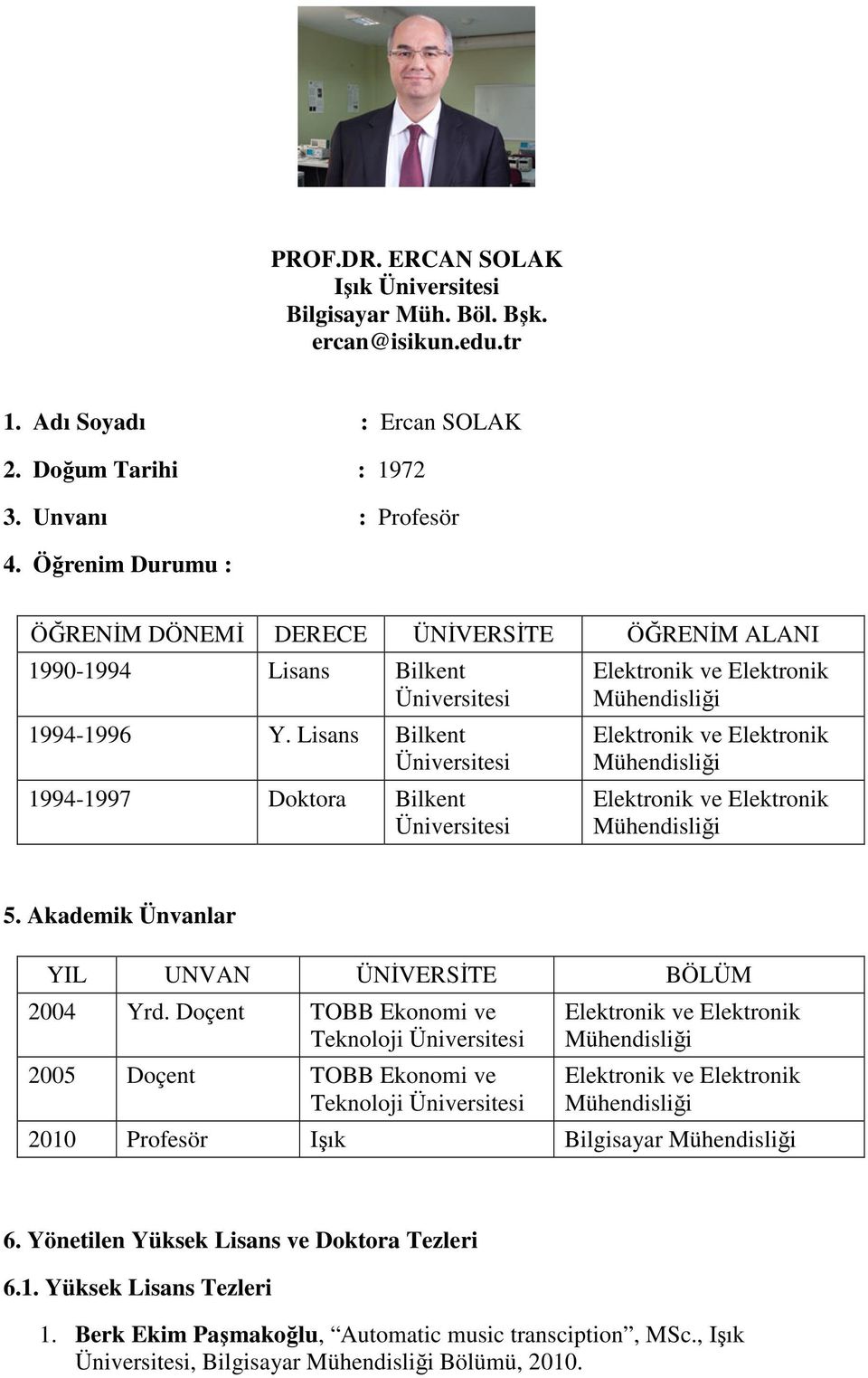 Lisans Bilkent Üniversitesi 1994-1997 Doktora Bilkent Üniversitesi 5. Akademik Ünvanlar YIL UNVAN ÜNİVERSİTE BÖLÜM 2004 Yrd.