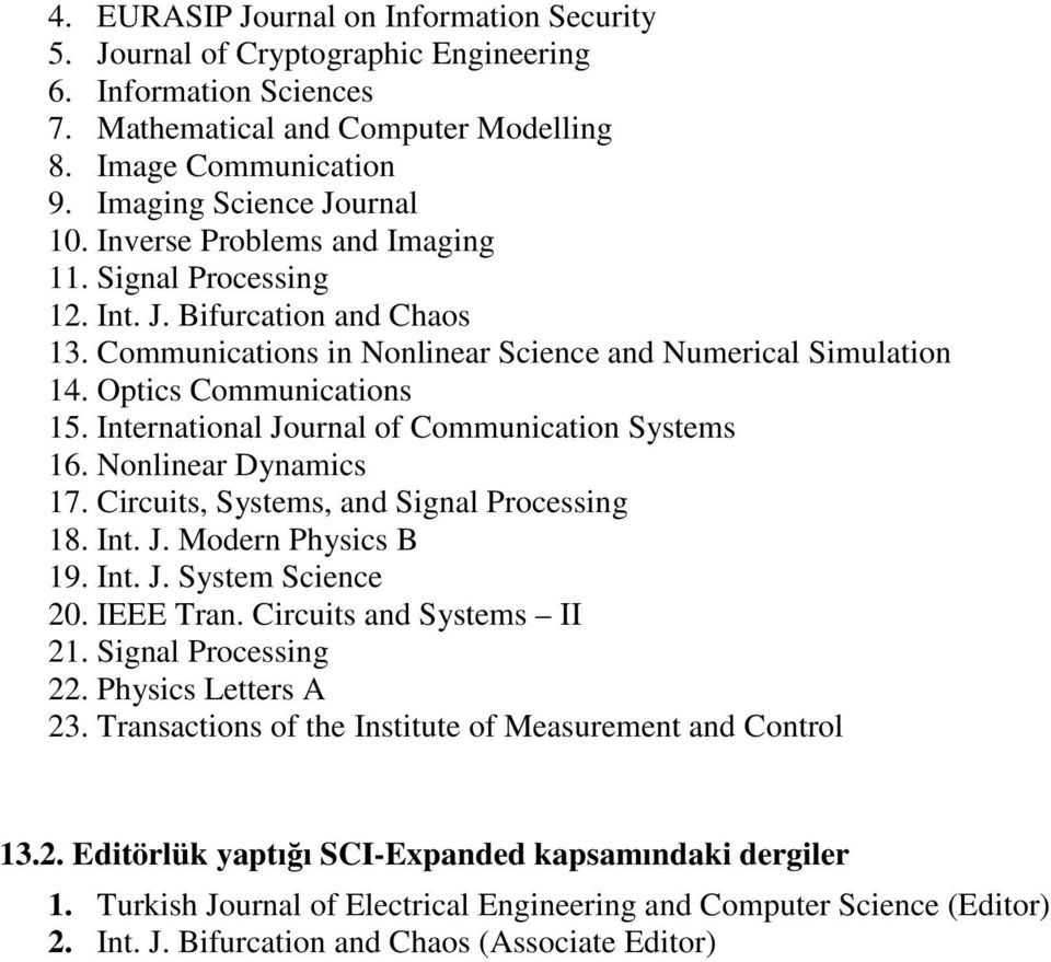 International Journal of Communication Systems 16. Nonlinear Dynamics 17. Circuits, Systems, and Signal Processing 18. Int. J. Modern Physics B 19. Int. J. System Science 20. IEEE Tran.