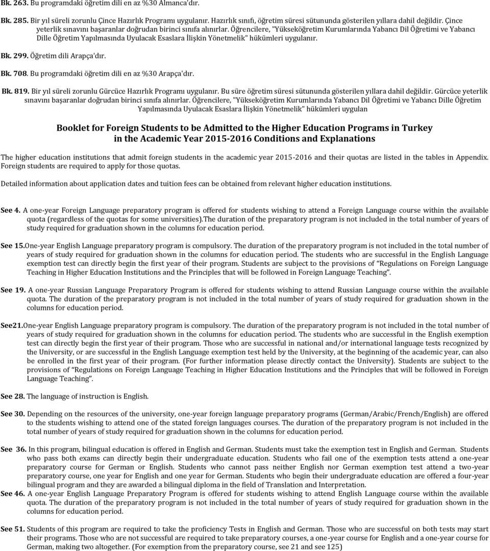 Öğrencilere, "Yükseköğretim Kurumlarında Yabancı Dil Öğretimi ve Yabancı Dille Bk. 299. Öğretim dili Arapça'dır. Bk. 708. Bu programdaki öğretim dili en az %30 Arapça'dır. Bk. 819.