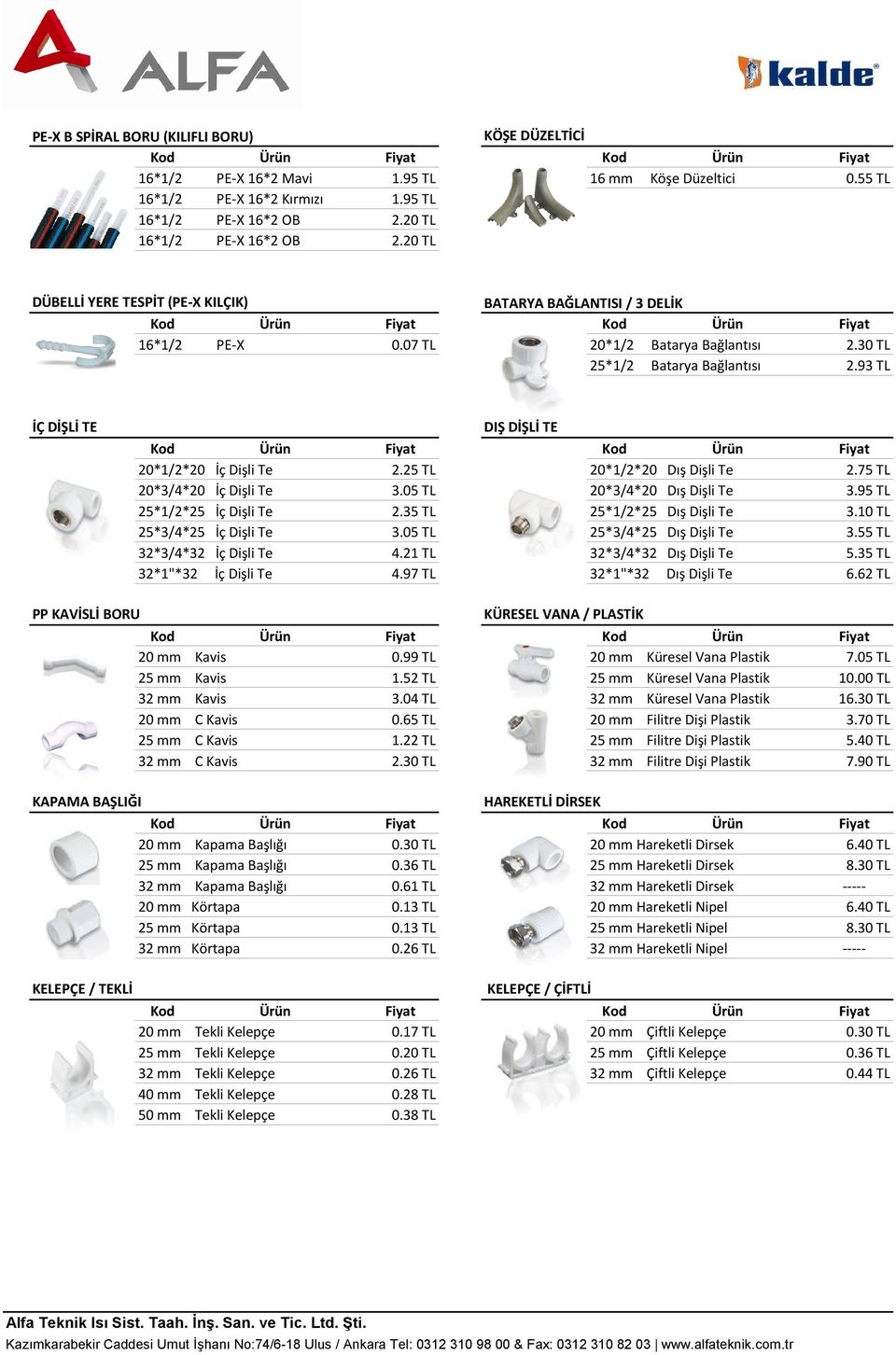 93 TL İÇ DİŞLİ TE DIŞ DİŞLİ TE Kod Kod 20*1/2*20 İç Dişli Te 2.25 TL 20*1/2*20 Dış Dişli Te 2.75 TL 20*3/4*20 İç Dişli Te 3.05 TL 20*3/4*20 Dış Dişli Te 3.95 TL 25*1/2*25 İç Dişli Te 2.