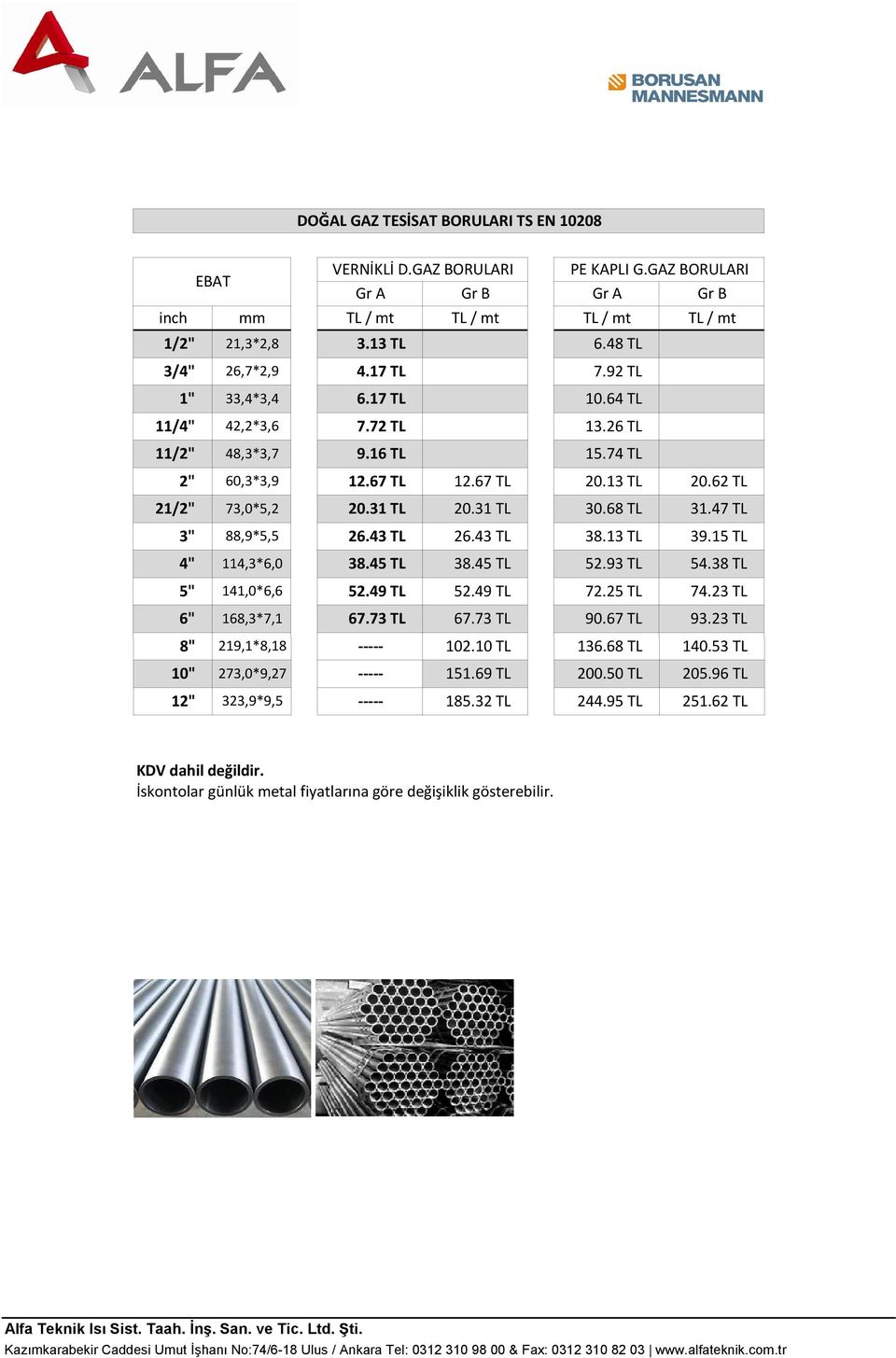 45 TL 52.49 TL 52.49 TL 67.73 TL 67.73 TL 102.10 TL 151.69 TL 185.32 TL PE KAPLI G.GAZ BORULARI Gr A Gr B TL / mt TL / mt 6.48 TL 7.92 TL 10.64 TL 13.26 TL 15.74 TL 20.13 TL 20.62 TL 30.68 TL 31.