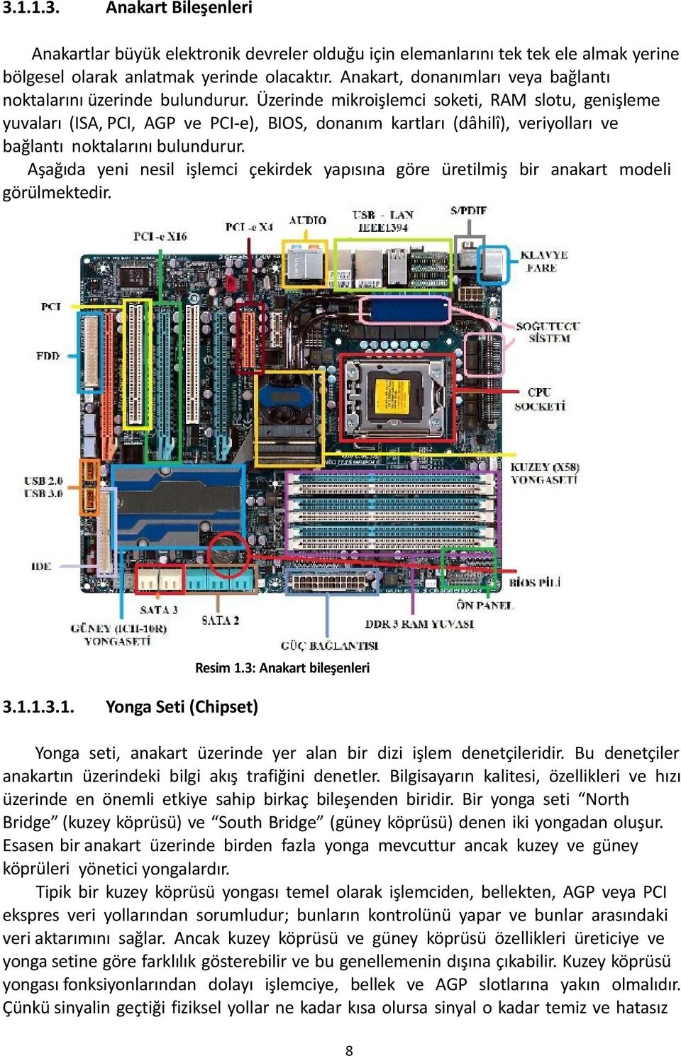 Üzerinde mikroişlemci soketi, RAM slotu, genişleme yuvaları (ISA, PCI, AGP ve PCI-e), BIOS, donanım kartları (dâhilî), veriyolları ve bağlantı noktalarını bulundurur.