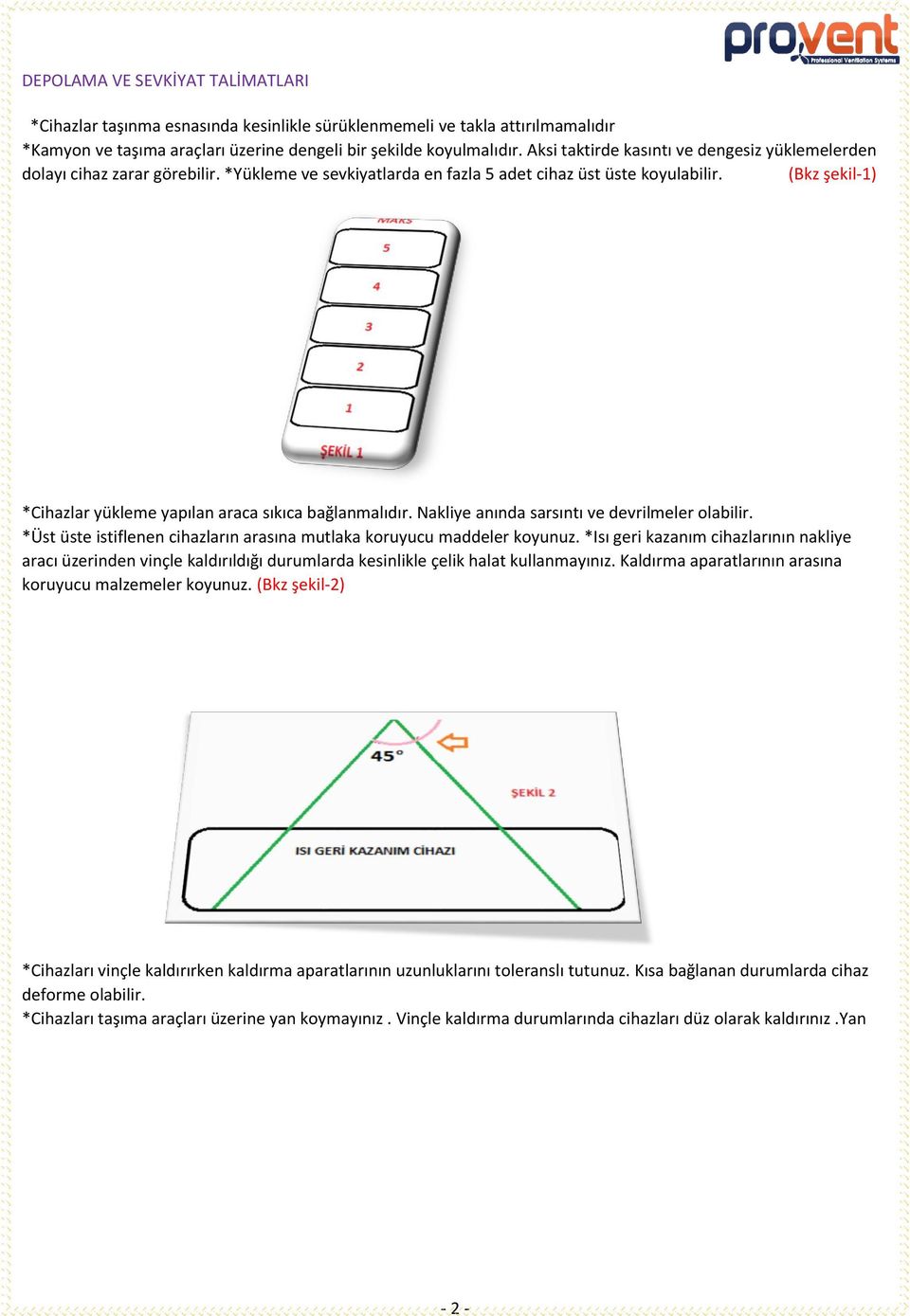 (Bkz şekil-1) *Cihazlar yükleme yapılan araca sıkıca bağlanmalıdır. Nakliye anında sarsıntı ve devrilmeler olabilir. *Üst üste istiflenen cihazların arasına mutlaka koruyucu maddeler koyunuz.