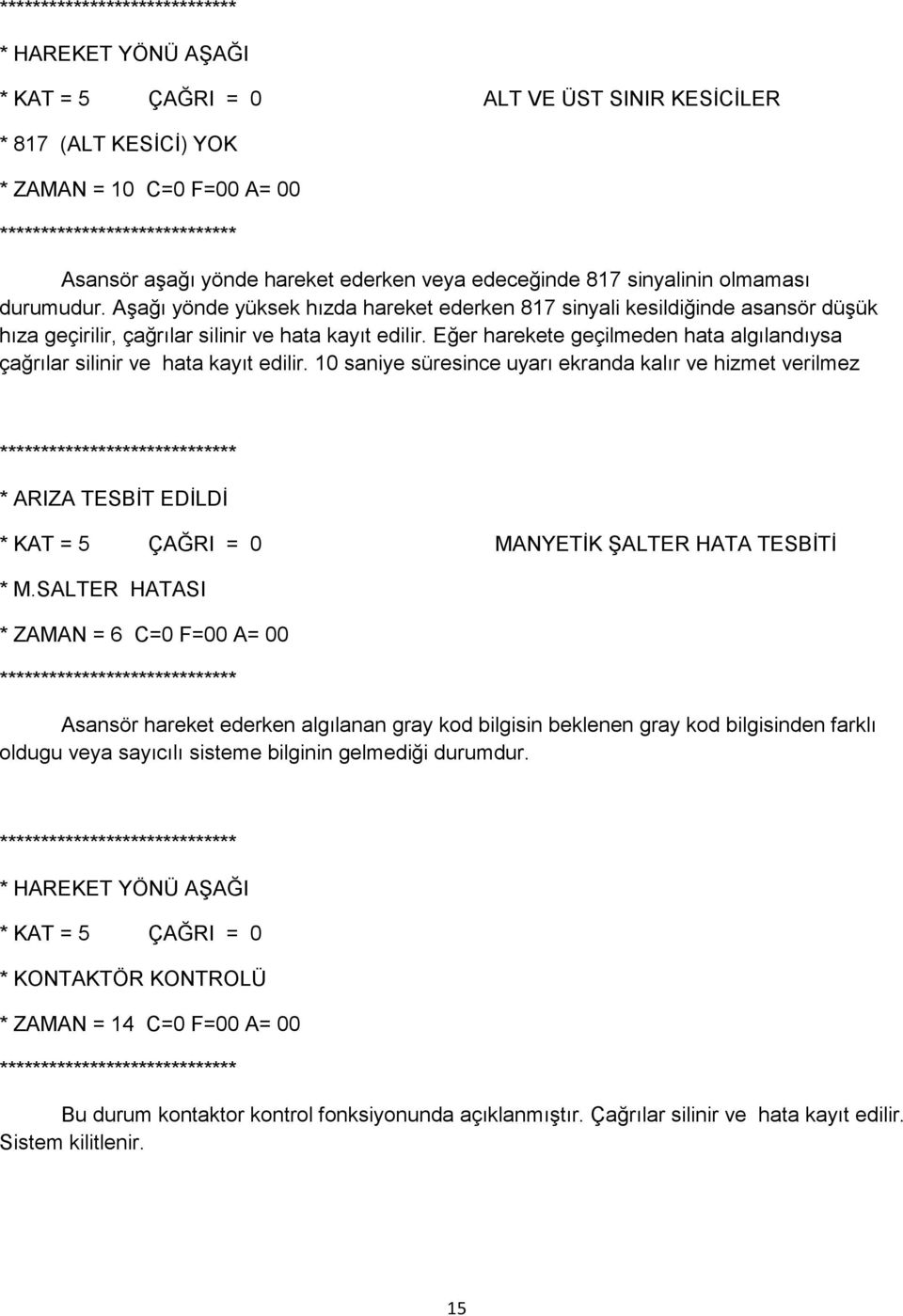 Aşağı yönde yüksek hızda hareket ederken 817 sinyali kesildiğinde asansör düşük hıza geçirilir, çağrılar silinir ve hata kayıt edilir.