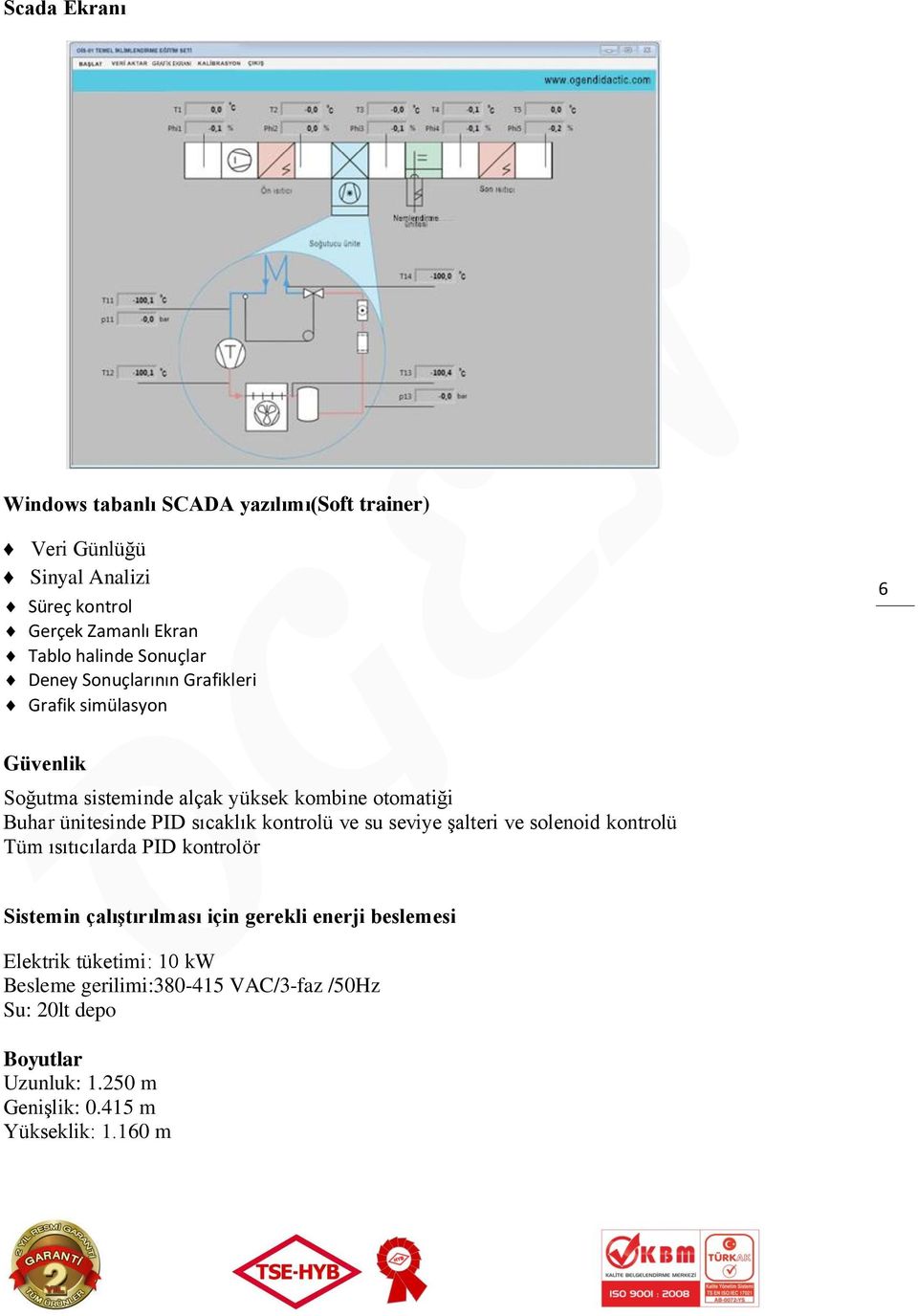 sıcaklık kontrolü ve su seviye şalteri ve solenoid kontrolü Tüm ısıtıcılarda PID kontrolör Sistemin çalıştırılması için gerekli enerji