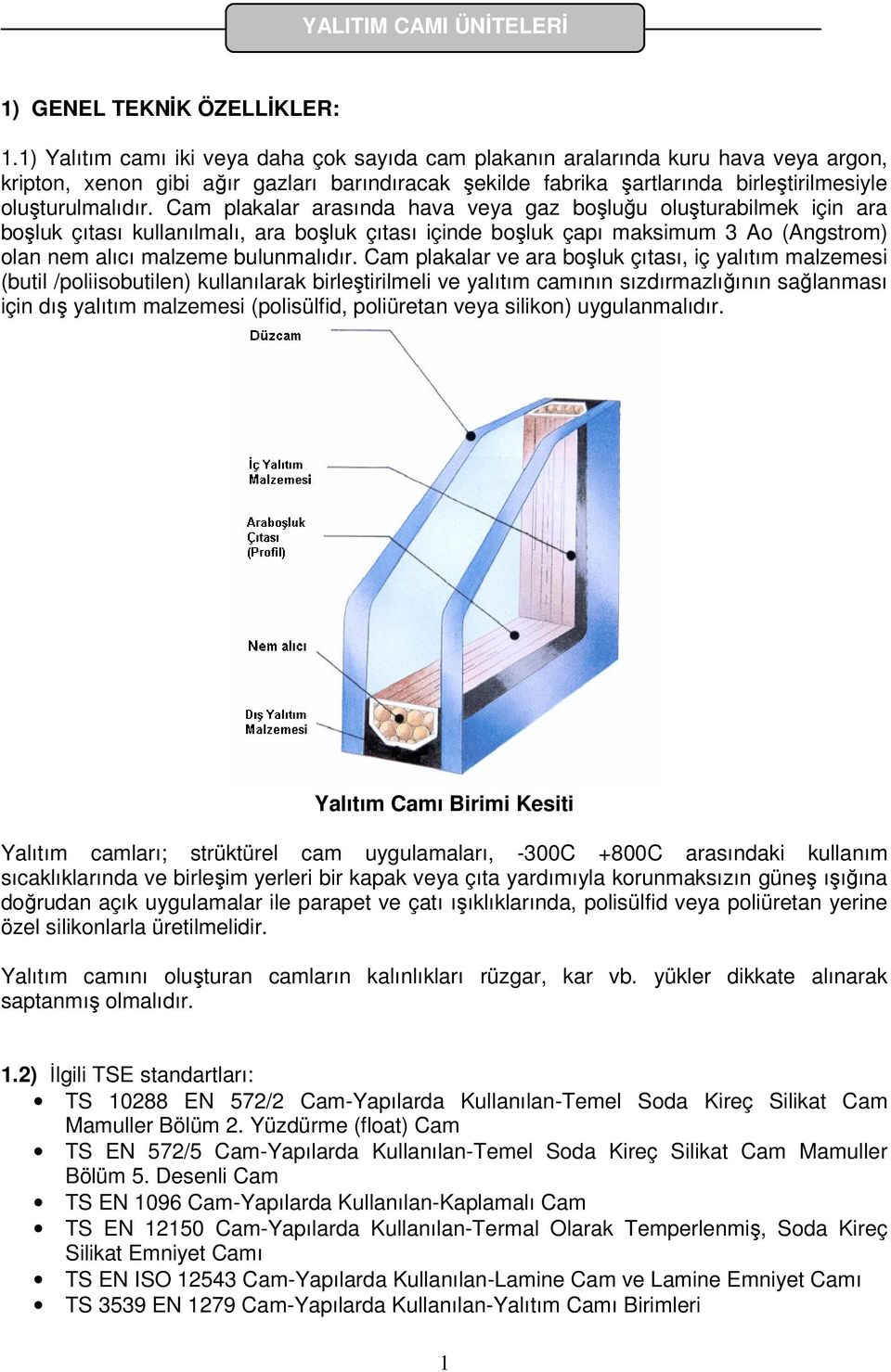 Cam plakalar arasında hava veya gaz boşluğu oluşturabilmek için ara boşluk çıtası kullanılmalı, ara boşluk çıtası içinde boşluk çapı maksimum 3 Ao (Angstrom) olan nem alıcı malzeme bulunmalıdır.