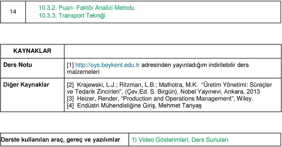 Ed. S. Birgün), Nobel Yayınevi, Ankara, 2013 [3] Heizer, Render, Production and Operations Management, Wiley.