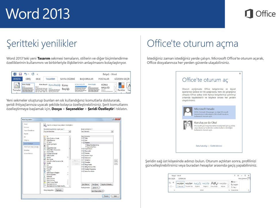 Yeni sekmeler oluşturup bunları en sık kullandığınız komutlarla doldurarak, şeridi ihtiyaçlarınıza uyacak şekilde kolayca özelleştirebilirsiniz.