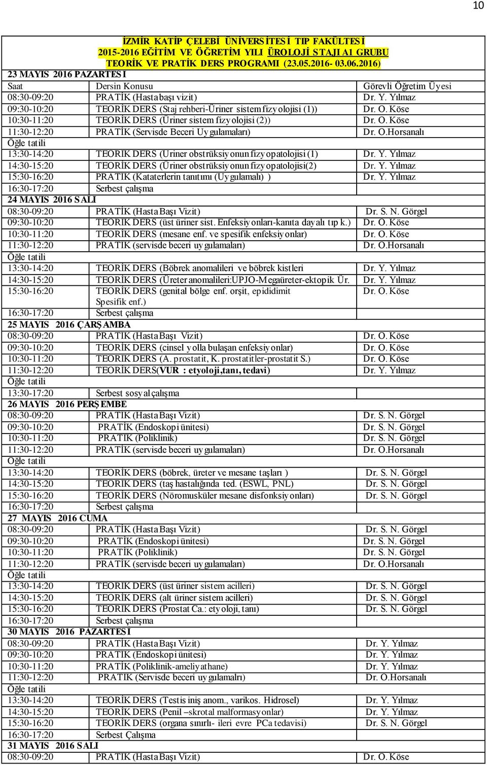 Uygulamaları) Dr. O.Horsanalı 24 MAYIS 2016 SALI 09:30-10:20 TEORİK DERS (üst üriner sist. Enfeksiyonları-kanıta dayalı tıp k.) 10:30-11:20 TEORİK DERS (mesane enf.