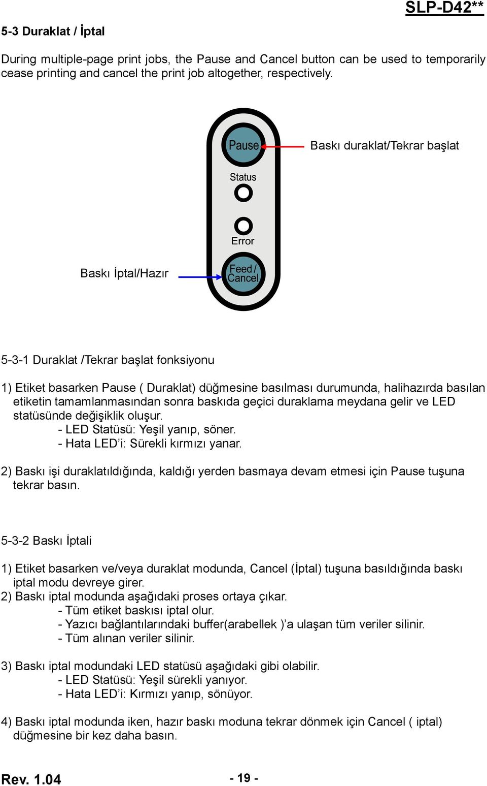 tamamlanmasından sonra baskıda geçici duraklama meydana gelir ve LED statüsünde değişiklik oluşur. - LED Statüsü: Yeşil yanıp, söner. - Hata LED i: Sürekli kırmızı yanar.