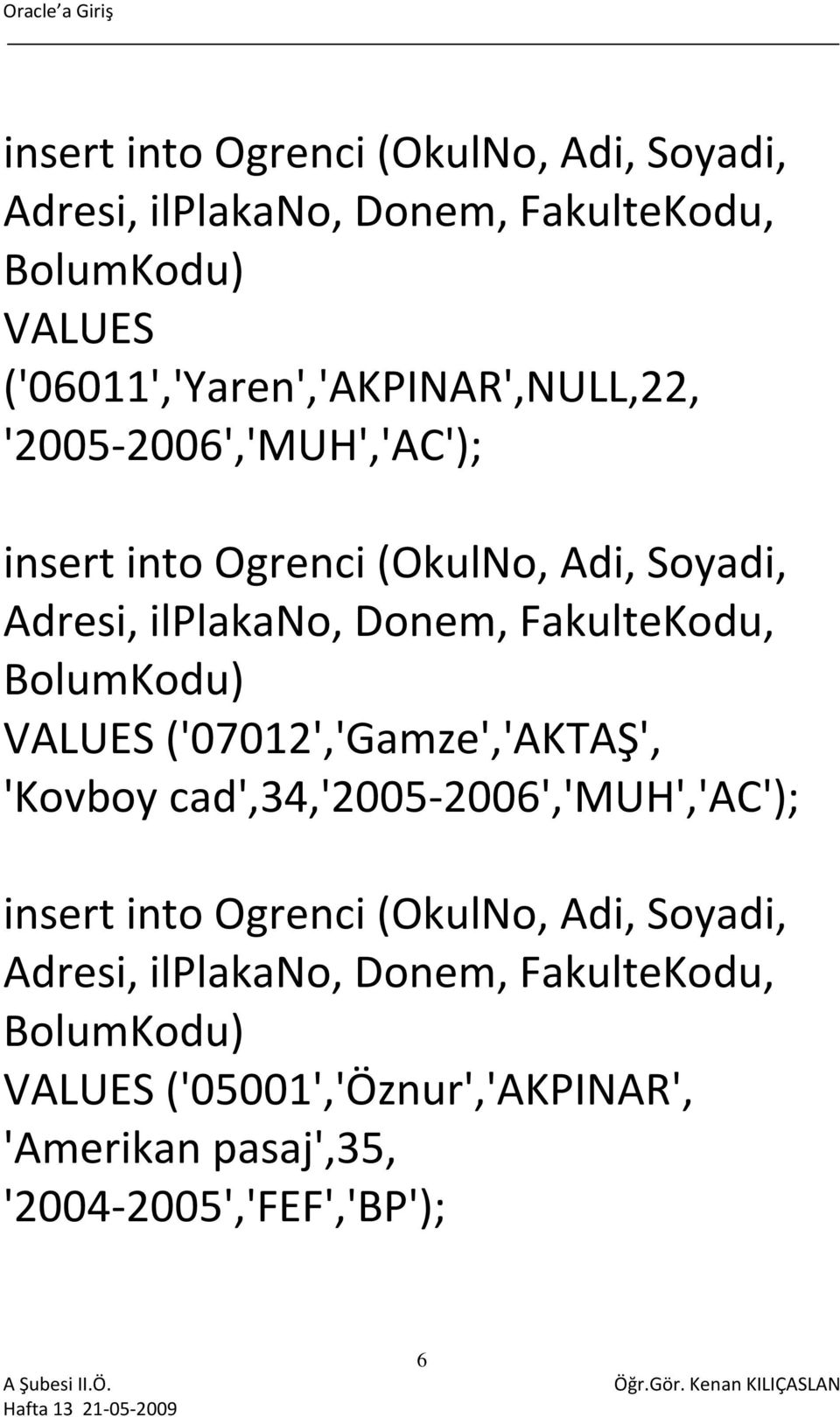 2006','MUH','AC');  ('05001','Öznur','AKPINAR', 'Amerikan pasaj',35, '2004 2005','FEF','BP'); 6