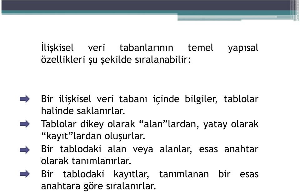 Tablolar dikey olarak alan lardan, yatay olarak kayıt lardan oluşurlar.