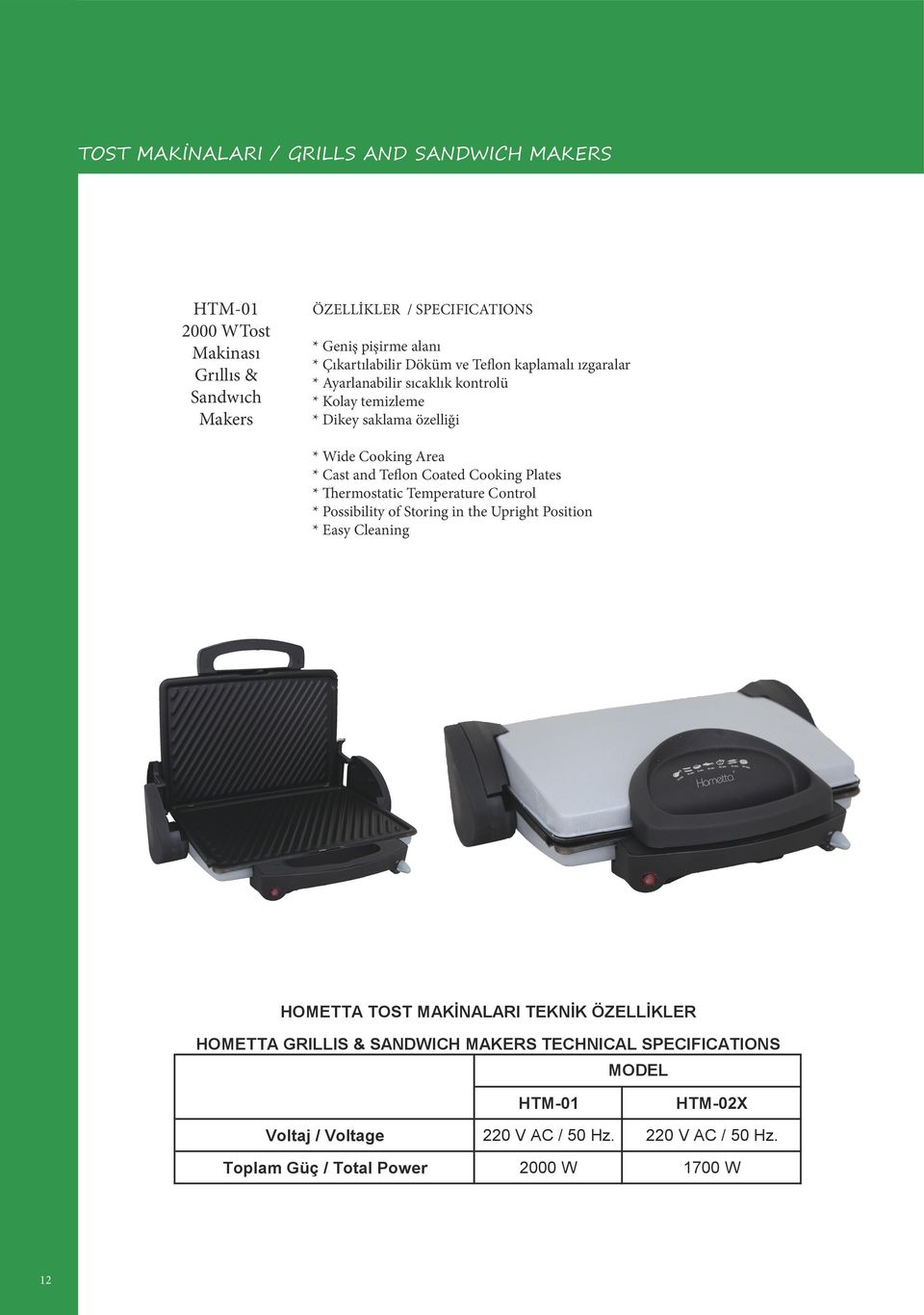 * Thermostatic Temperature Control * Possibility of Storing in the Upright Position * Easy Cleaning HOMETTA TOST MAKİNALARI TEKNİK ÖZELLİKLER HOMETTA