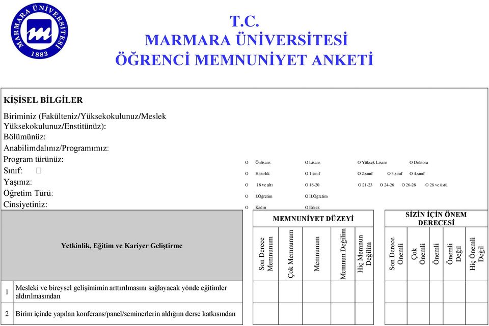 Anabilimdalınız/Programımız: Program türünüz: O Önlisans O Lisans O Yüksek Lisans O Doktora Sınıf: O Hazırlık O 1.sınıf O 2.sınıf O 3.sınıf O 4.