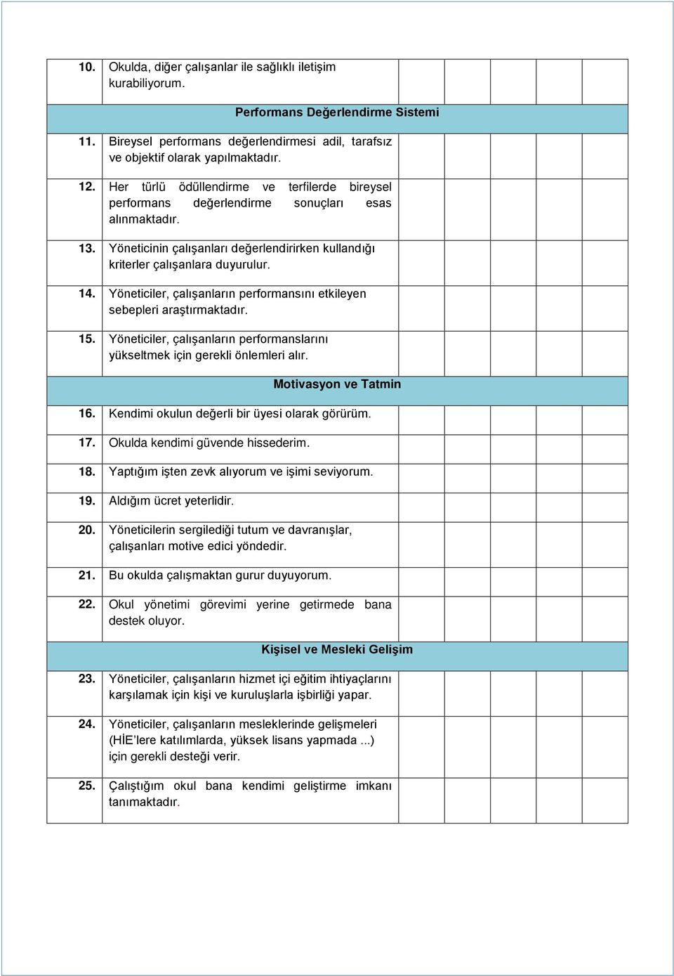 çalışanların performansını etkileyen sebepleri araştırmaktadır 15 Yöneticiler, çalışanların performanslarını yükseltmek için gerekli önlemleri alır Motivasyon ve Tatmin 16 Kendimi okulun değerli bir