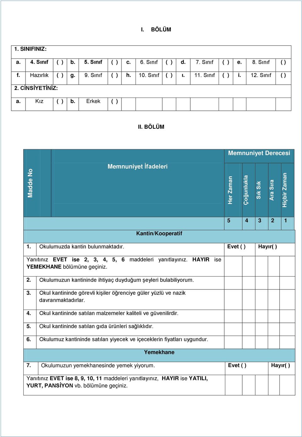 Yanıtınız EVET ise 2, 3, 4, 5, 6 maddeleri yanıtlayınız HAYIR ise YEMEKHANE bölümüne geçiniz 2 Okulumuzun kantininde ihtiyaç duyduğum şeyleri bulabiliyorum 3 Okul kantininde görevli kişiler öğrenciye