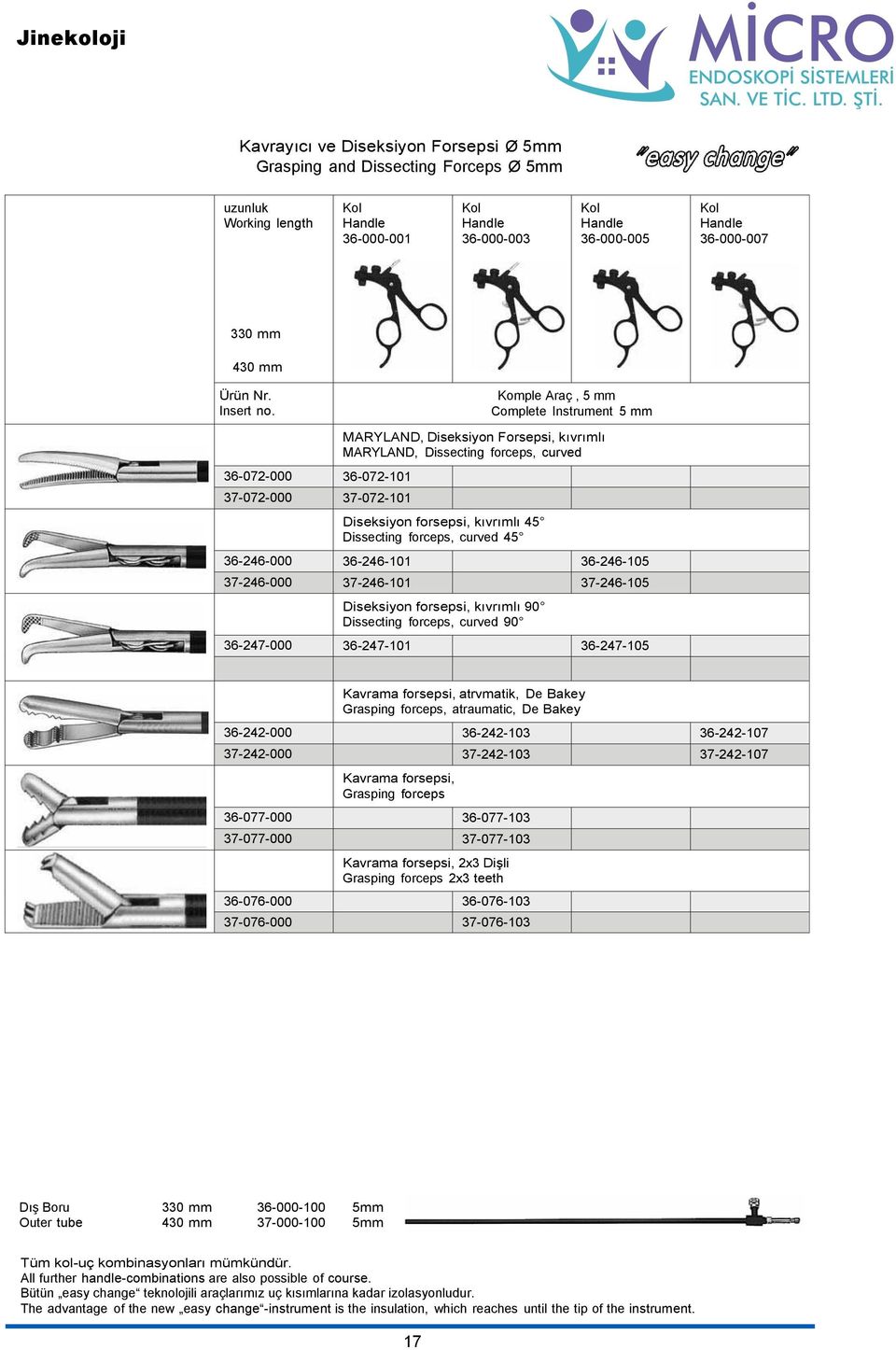 Komple Araç, 5 mm Complete Instrument 5 mm 36-072-000 36-072-101 37-072-000 37-072-101 MARYLAND, Diseksiyon Forsepsi, kıvrımlı MARYLAND, Dissecting forceps, curved Diseksiyon forsepsi, kıvrımlı 45