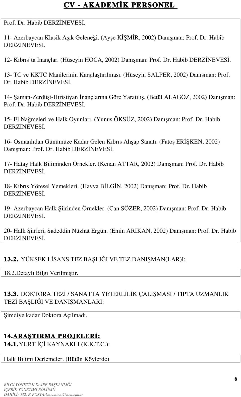 (Yunus ÖKSÜZ, 2002) Danışman: Prof. Dr. Habib 16 Osmanlıdan Günümüze Kadar Gelen Kıbrıs Ahşap Sanatı. (Fatoş ERİŞKEN, 2002) Danışman: Prof. Dr. Habib 17 Hatay Halk Biliminden Örnekler.