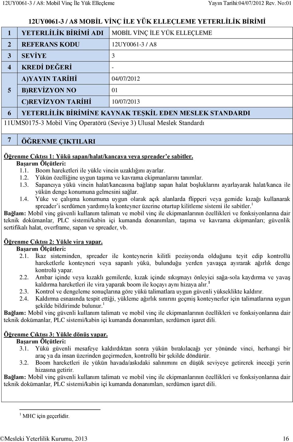 3) Ulusal Meslek Standardı 7 ÖĞRENME ÇIKTILARI Öğrenme Çıktısı 1: Yükü sapan/halat/kancaya veya spreader e sabitler. 1.1. Boom hareketleri ile yükle vincin uzaklığını ayarlar. 1.2.