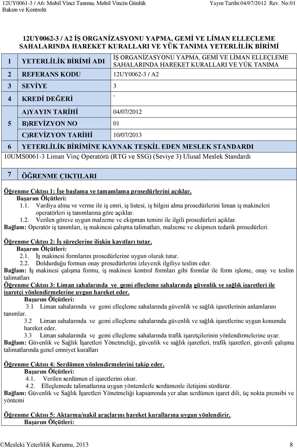 TANIMA - 5 B)REVİZYON NO 01 C)REVİZYON TARİHİ 10/07/2013 6 YETERLİLİK BİRİMİNE KAYNAK TEŞKİL EDEN MESLEK STANDARDI 10UMS0061-3 Liman Vinç Operatörü (RTG ve SSG) (Seviye 3) Ulusal Meslek Standardı 7