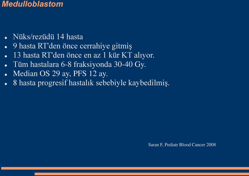 Tüm hastalara 6-8 fraksiyonda 30-40 Gy. Median OS 29 ay, PFS 12 ay.