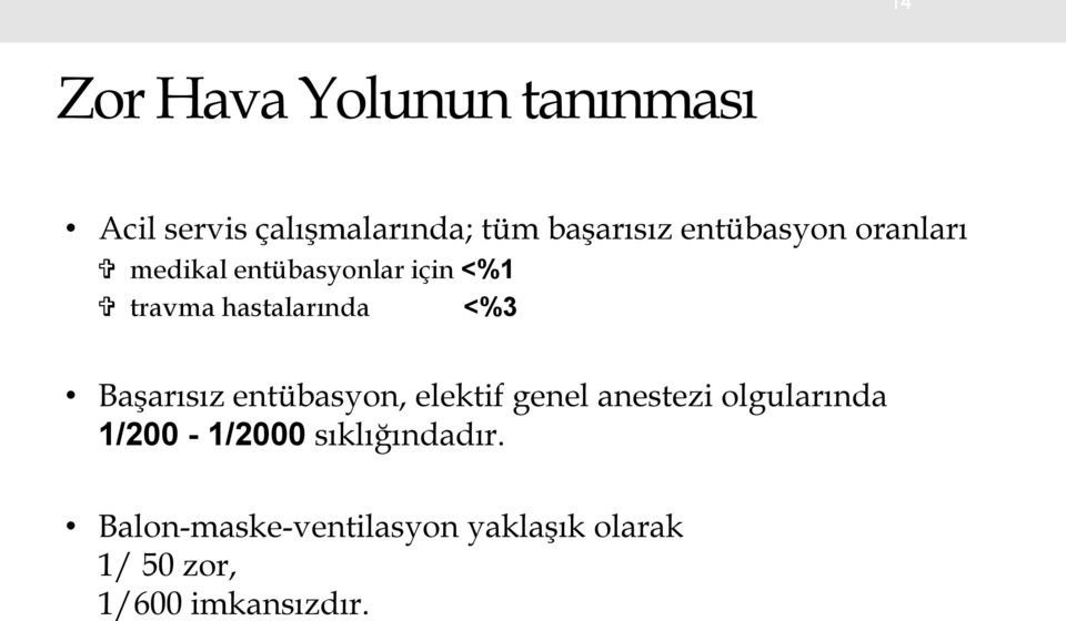 Başarısız entübasyon, elektif genel anestezi olgularında 1/200-1/2000