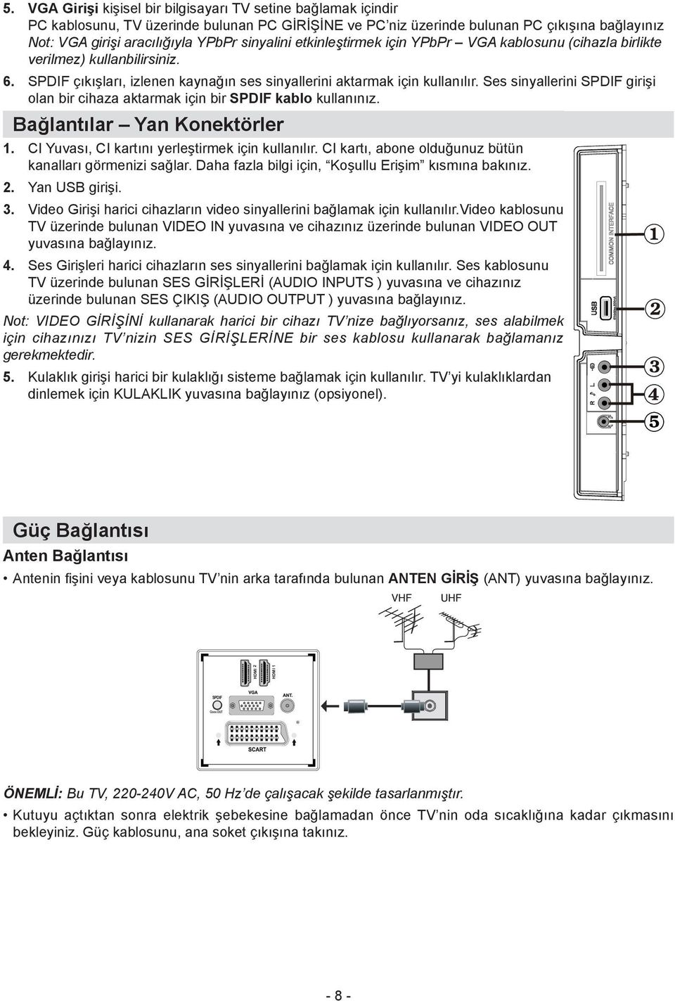 Ses sinyallerini SPDIF girişi olan bir cihaza aktarmak için bir SPDIF kablo kullanınız. Bağlantılar Yan Konektörler 1. CI Yuvası, CI kartını yerleştirmek için kullanılır.