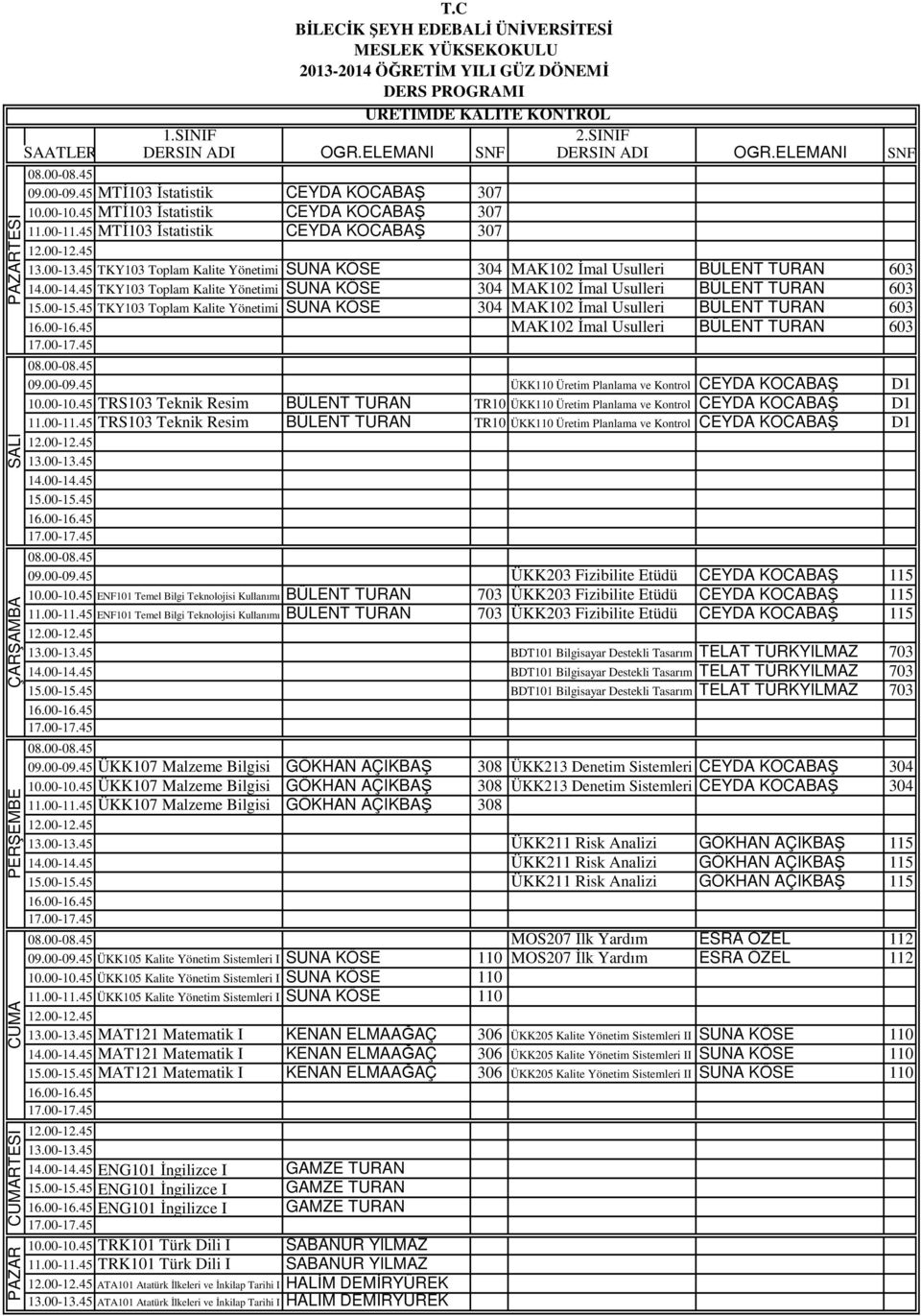 603 MAK102 İmal Usulleri BÜLENT TURAN 603 ÜKK110 Üretim Planlama ve Kontrol CEYDA KOCABAŞ D1 TRS103 Teknik Resim BÜLENT TURAN TR10 ÜKK110 Üretim Planlama ve Kontrol CEYDA KOCABAŞ D1 TRS103 Teknik