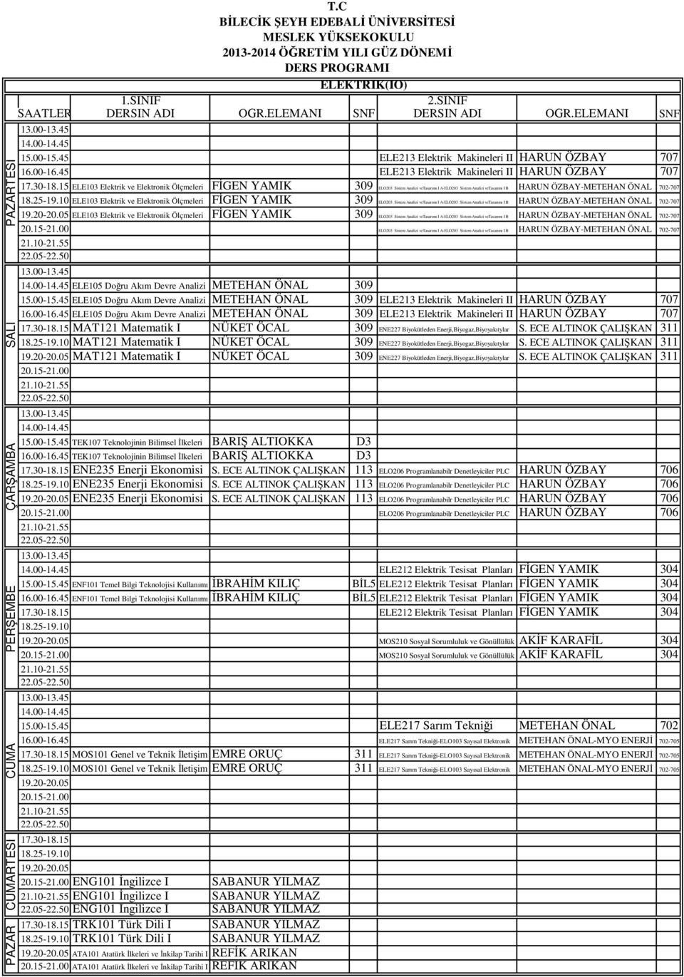 10 ELE103 Elektrik ve Elektronik Ölçmeleri FİGEN YAMIK 309 ELO203 Sistem Analizi vetasarımı I A-ELO203 Sistem Analizi vetasarımı I B HARUN ÖZBAY-METEHAN ÖNAL 702-707 ELE103 Elektrik ve Elektronik