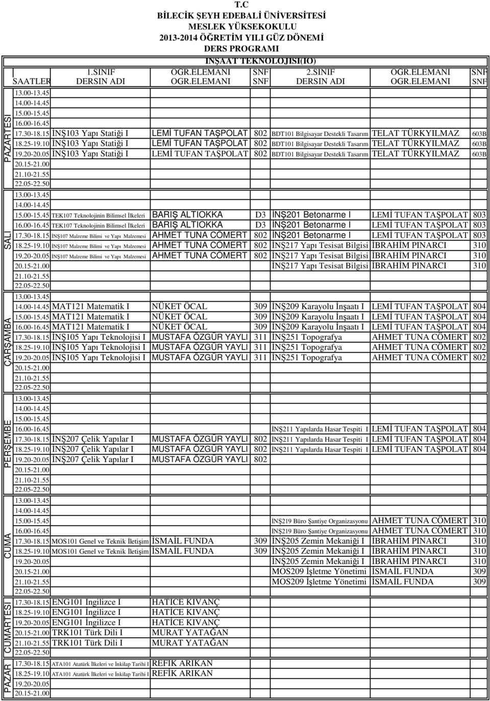 TÜRKYILMAZ 603B TEK107 Teknolojinin Bilimsel İlkeleri BARIŞ ALTIOKKA D3 İNŞ201 Betonarme I LEMİ TUFAN TAŞPOLAT 803 TEK107 Teknolojinin Bilimsel İlkeleri BARIŞ ALTIOKKA D3 İNŞ201 Betonarme I LEMİ