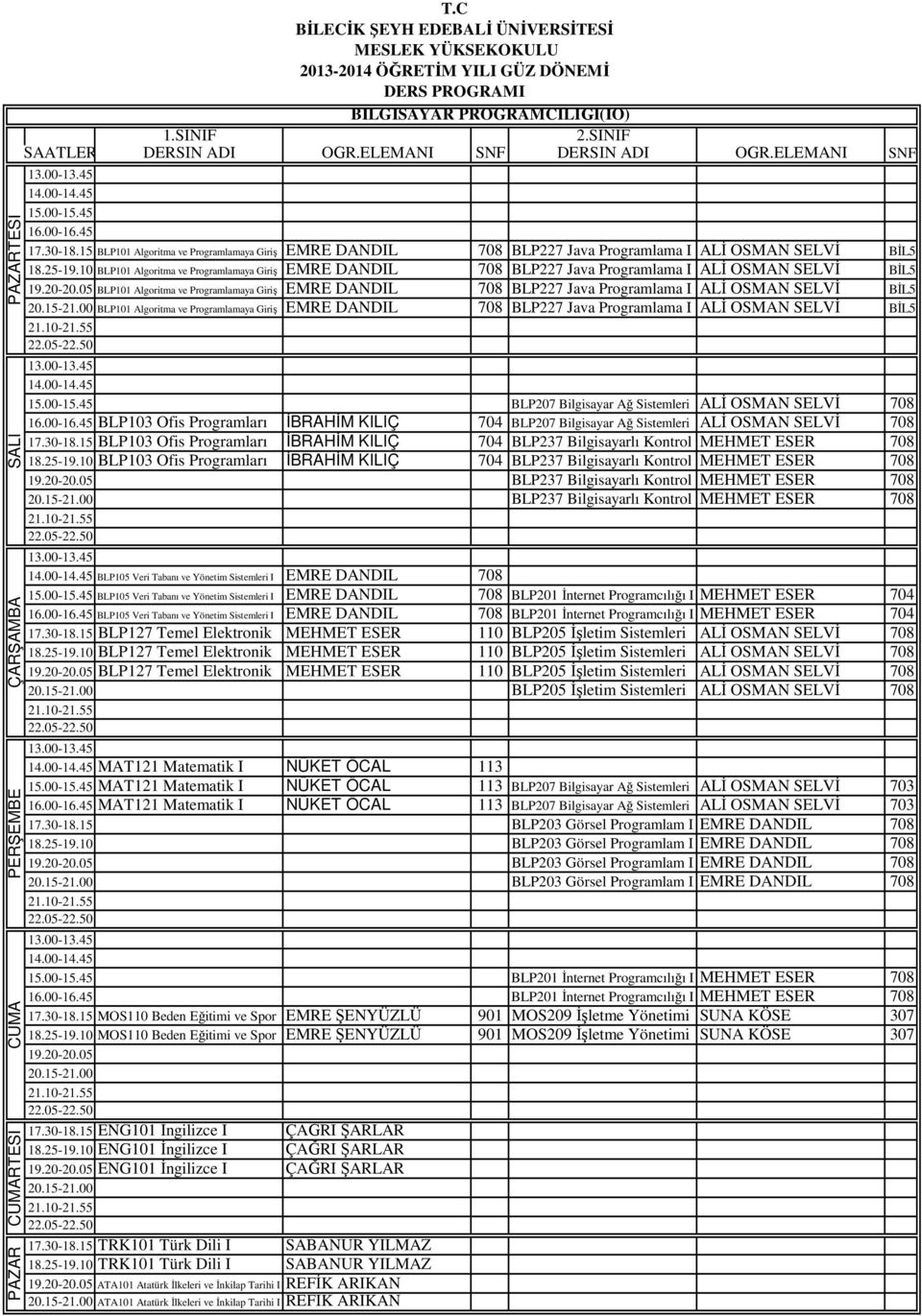 SELVİ BİL5 BLP101 Algoritma ve Programlamaya Giriş EMRE DANDIL 708 BLP227 Java Programlama I ALİ OSMAN SELVİ BİL5 BLP207 Bilgisayar Ağ Sistemleri ALİ OSMAN SELVİ 708 BLP103 Ofis Programları İBRAHİM