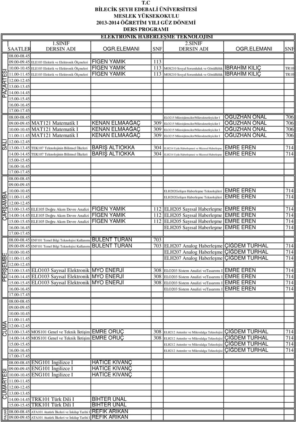 706 MAT121 Matematik I KENAN ELMAAĞAÇ 309 ELO215 Mikroişlemciler/Mikrodenetleyiciler I OĞUZHAN ÖNAL 706 MAT121 Matematik I KENAN ELMAAĞAÇ 309 ELO215 Mikroişlemciler/Mikrodenetleyiciler I OĞUZHAN ÖNAL